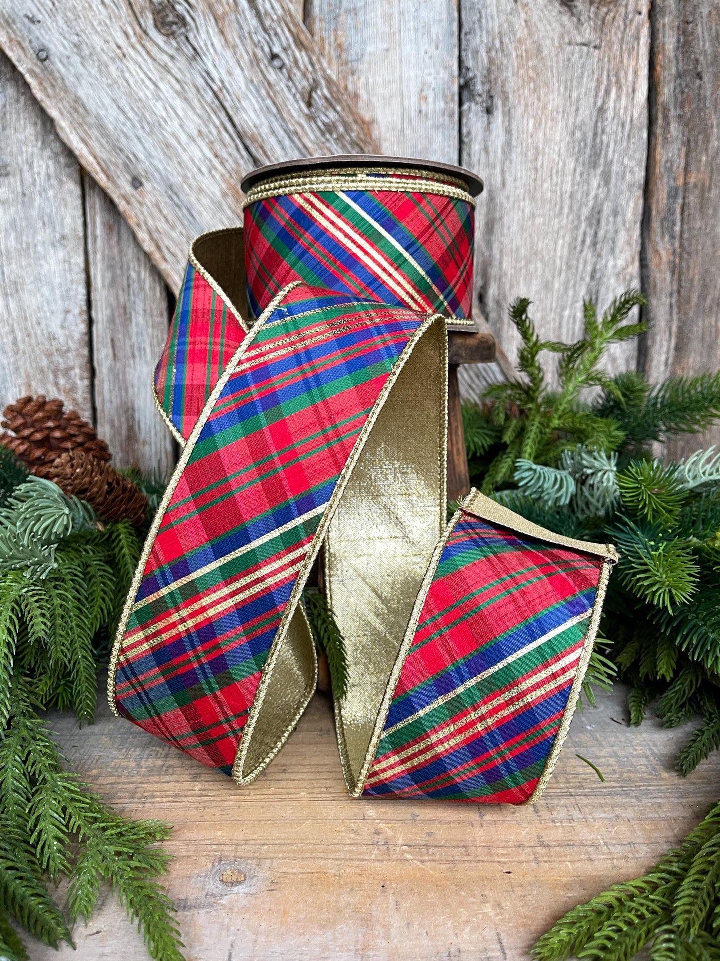 2.5" Christmas Plaid Ribbon, Red Blue Plaid Ribbon, Tartan Plaid Ribbon, Yuletide Plaid Ribbon