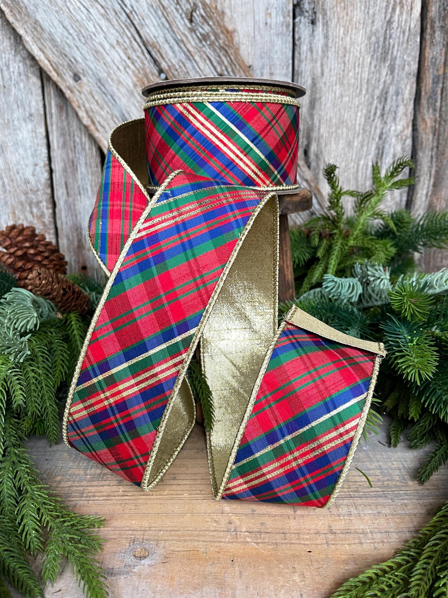 2.5" Christmas Plaid Ribbon, Red Blue Plaid Ribbon, Tartan Plaid Ribbon, Yuletide Plaid Ribbon