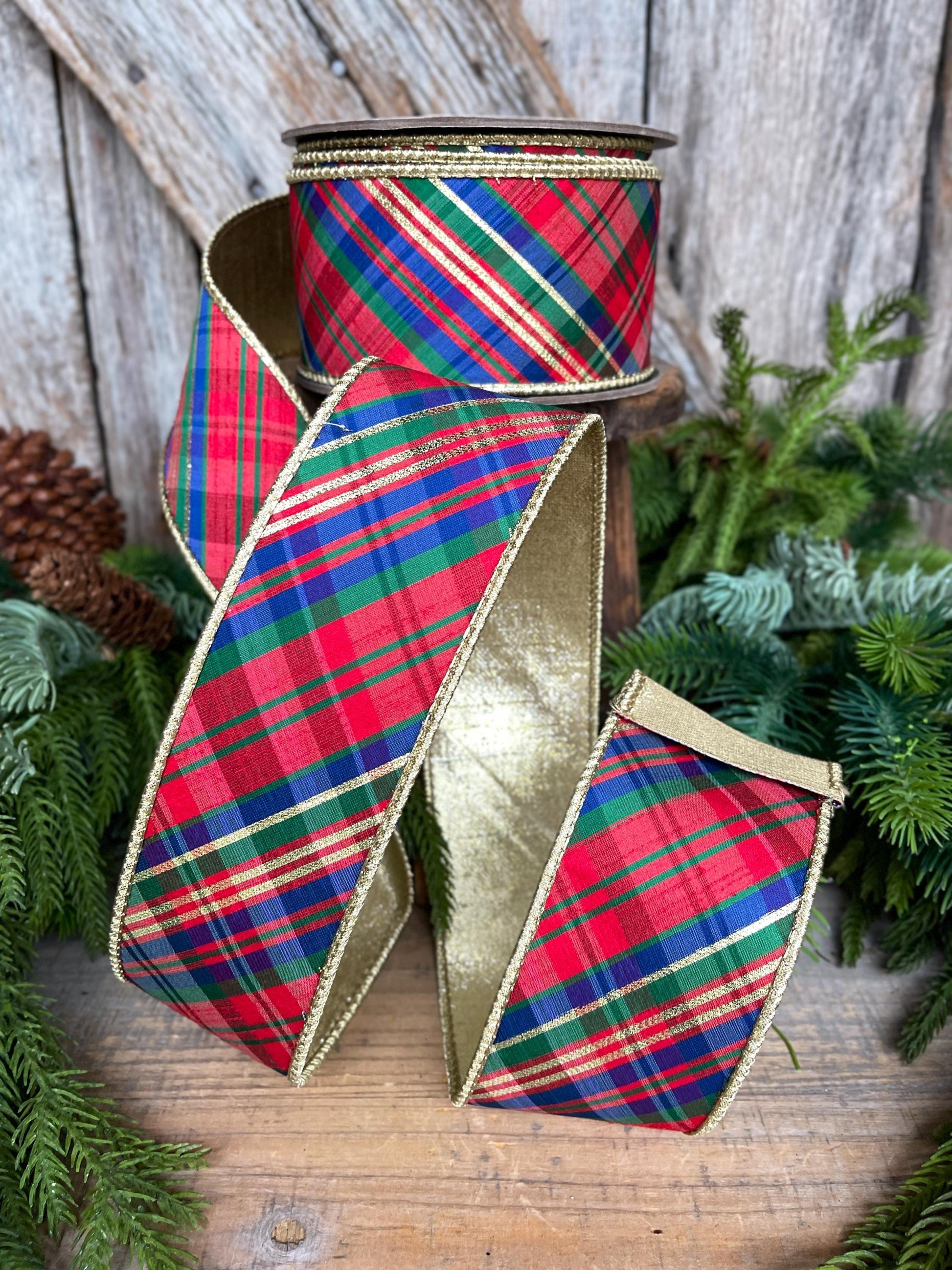 2.5" Christmas Plaid Ribbon, Red Blue Plaid Ribbon, Tartan Plaid Ribbon, Yuletide Plaid Ribbon