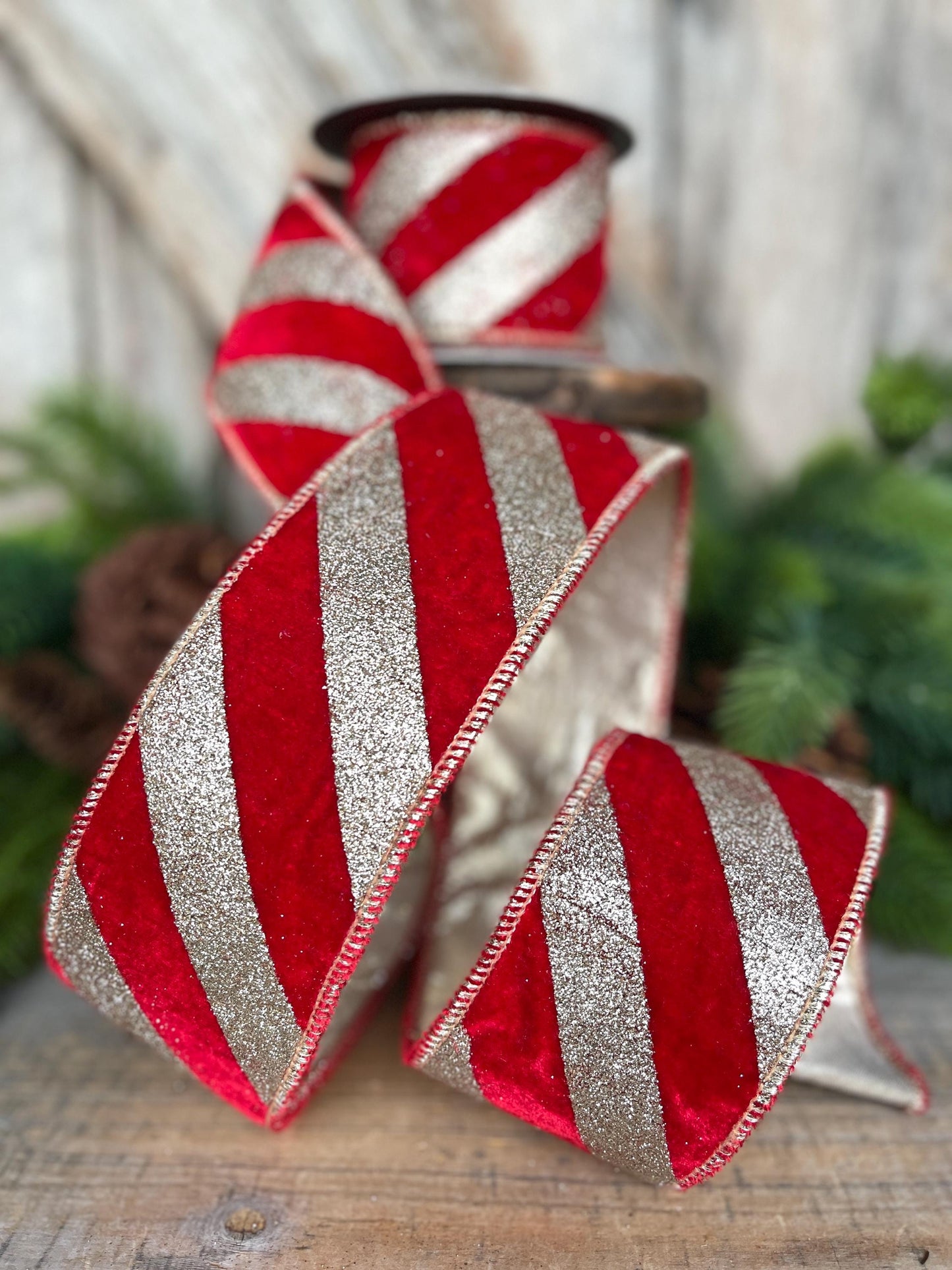 2.5" Red Gold Ribbon Diagonal Stripe, Christmas Tree Ribbon, Red Velvet Ribbon