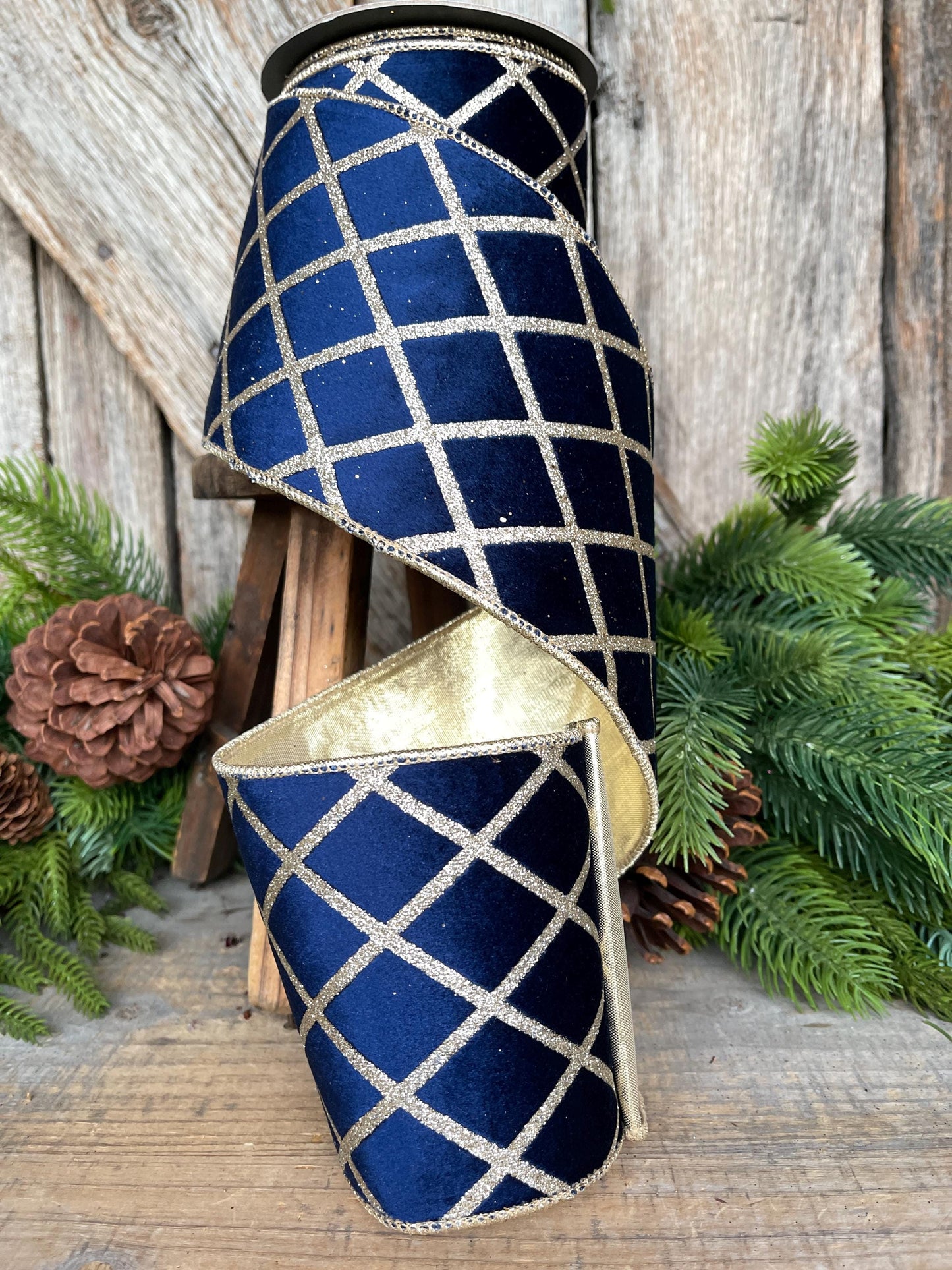 Navy Blue Gold Lattice Ribbon, Navy Blue Gold Lattice Ribbon Christmas Tree & Holiday Decor