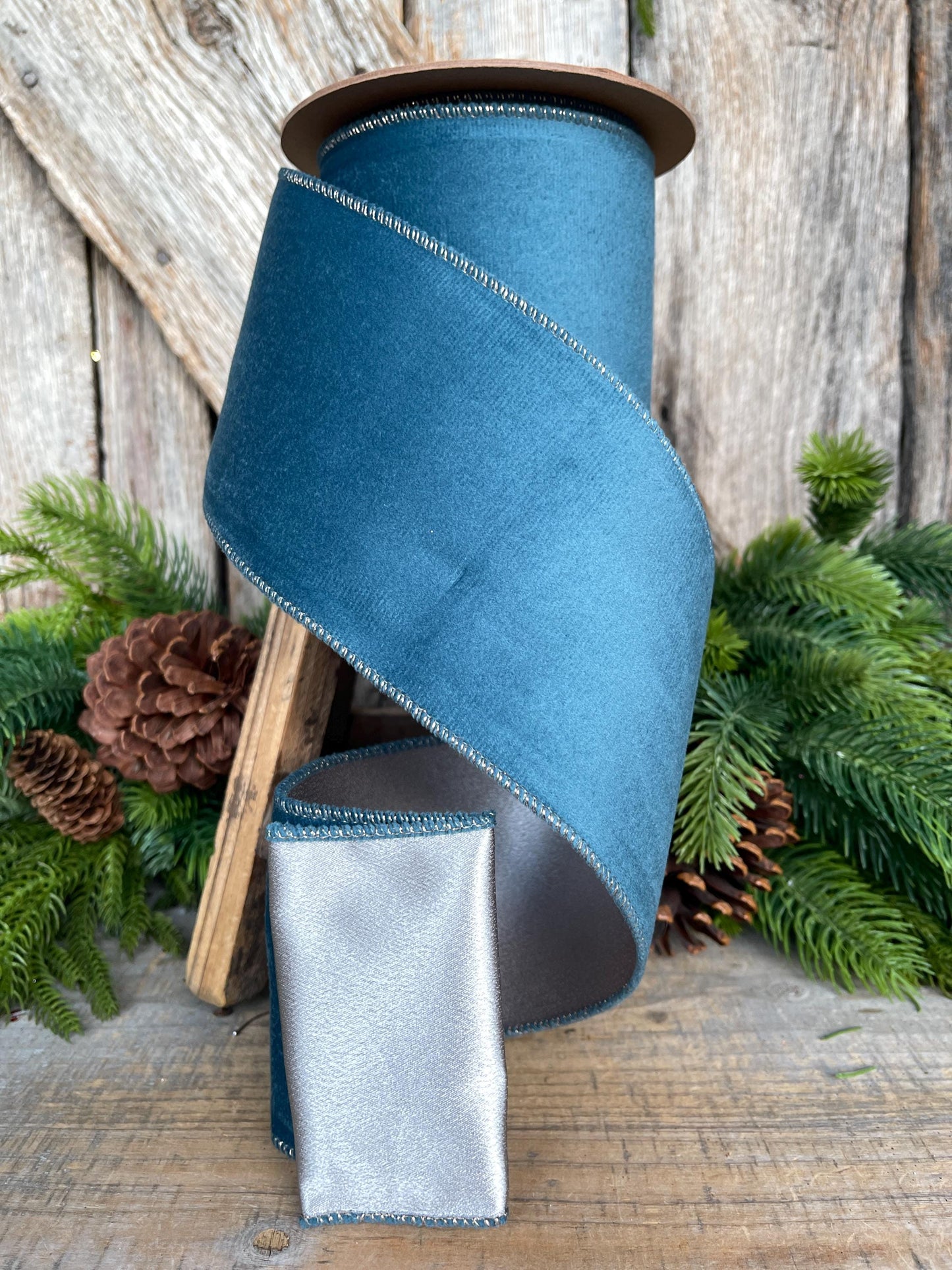 4" Military Blue Velvet Ribbon, Christmas Ribbon, 4" x 10yds, Dusty Blue Velvet Ribbon