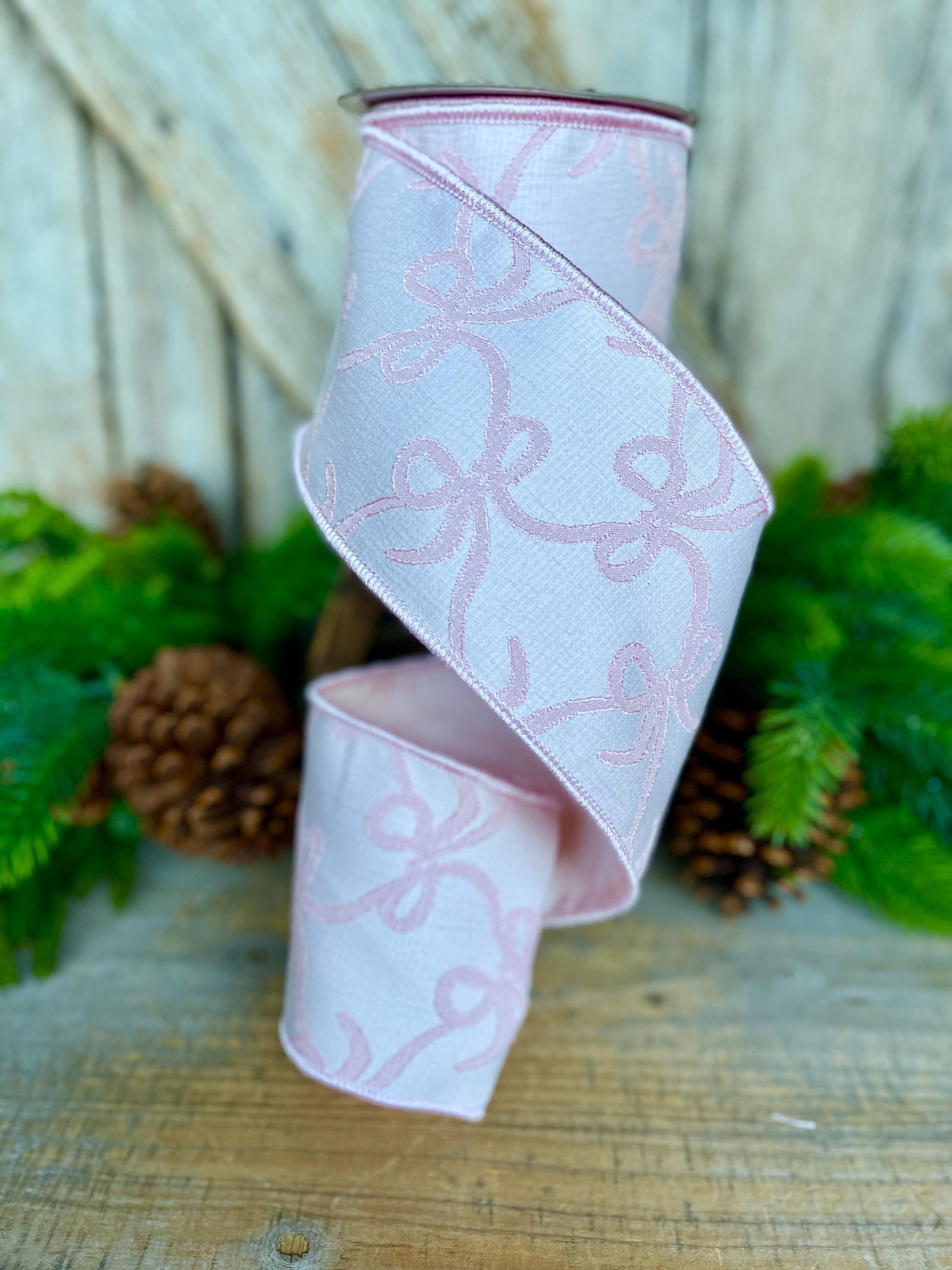 4" Pink Embroidered Bow Ribbon, Farrisilk Ribbon, Pink Bow Coquette Ribbon, Christmas Tree Ribbon