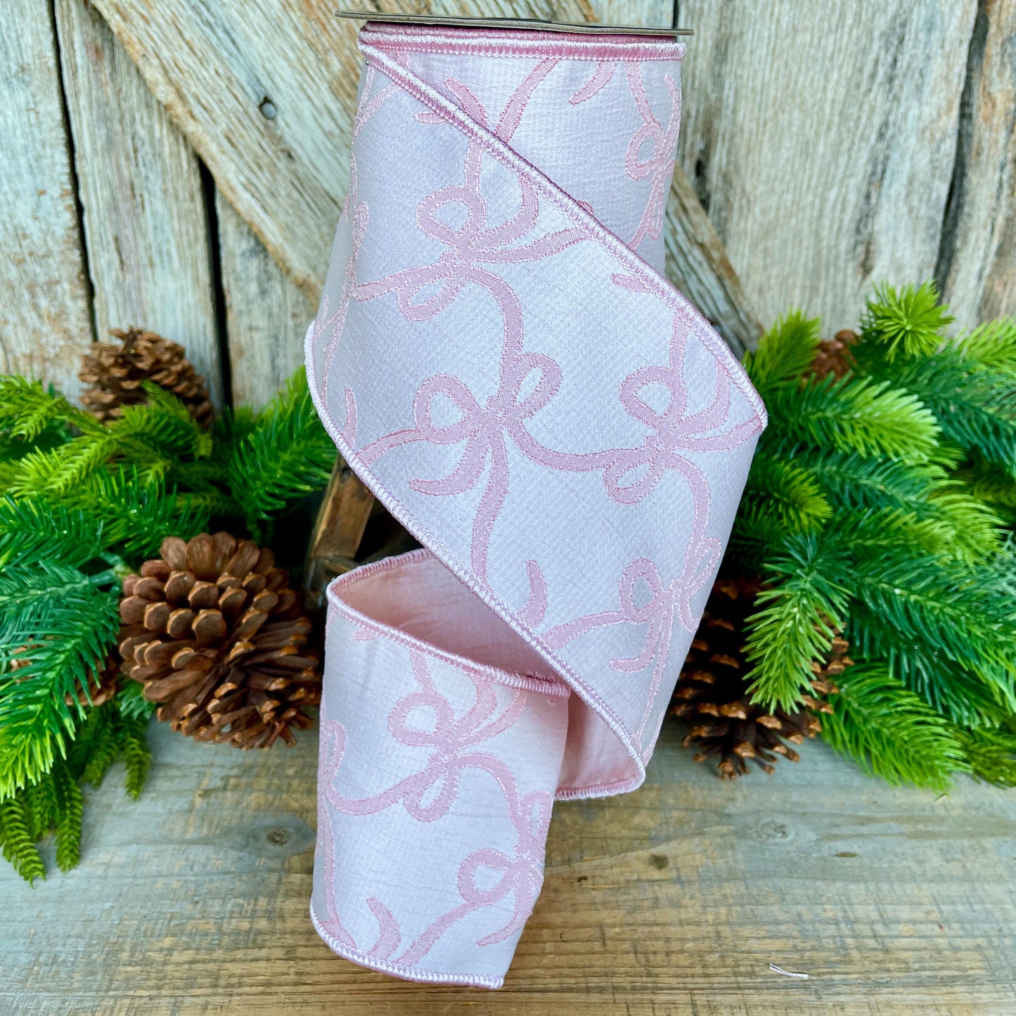 4" Pink Embroidered Bow Ribbon, Farrisilk Ribbon, Pink Bow Coquette Ribbon, Christmas Tree Ribbon