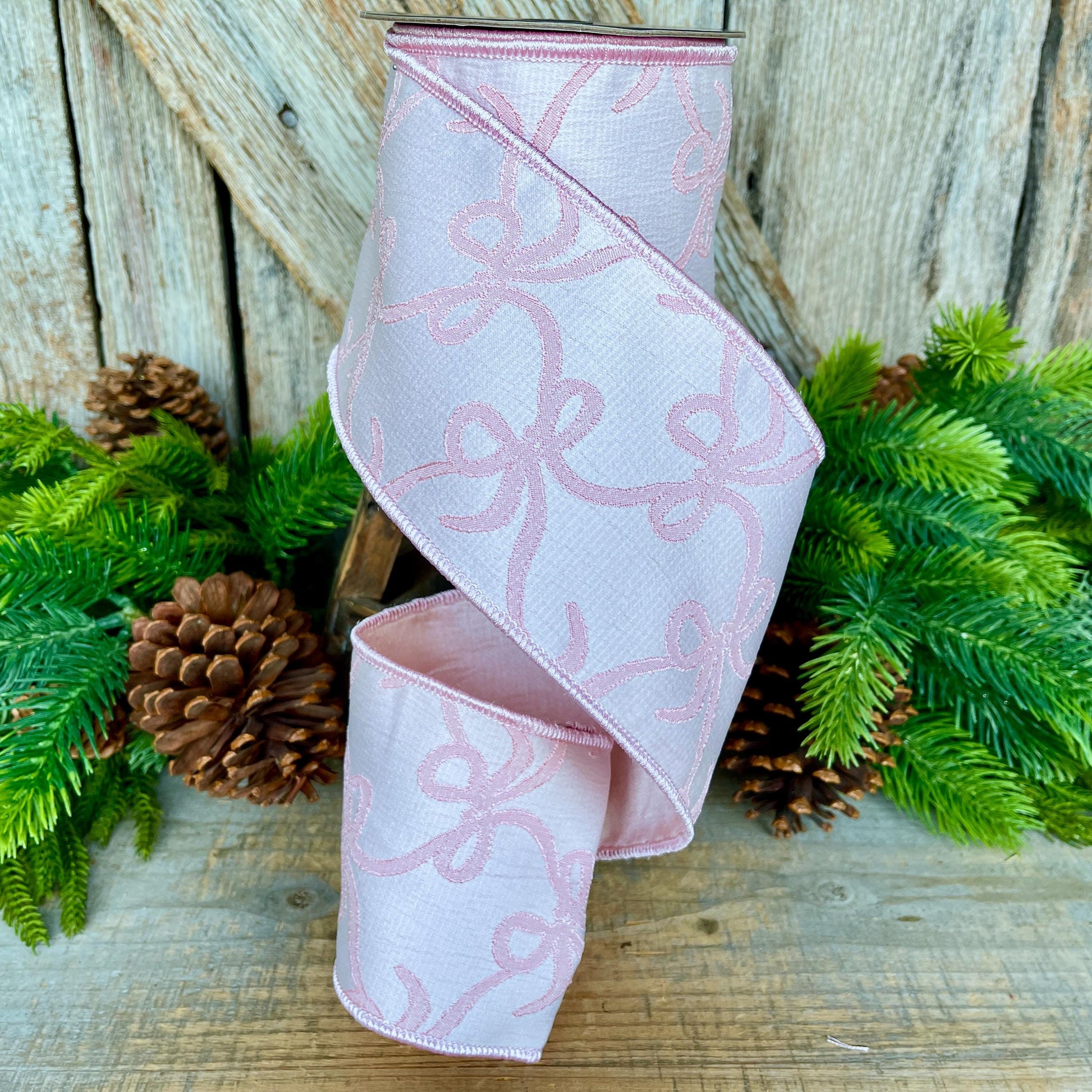 4" Pink Embroidered Bow Ribbon, Farrisilk Ribbon, Pink Bow Coquette Ribbon, Christmas Tree Ribbon