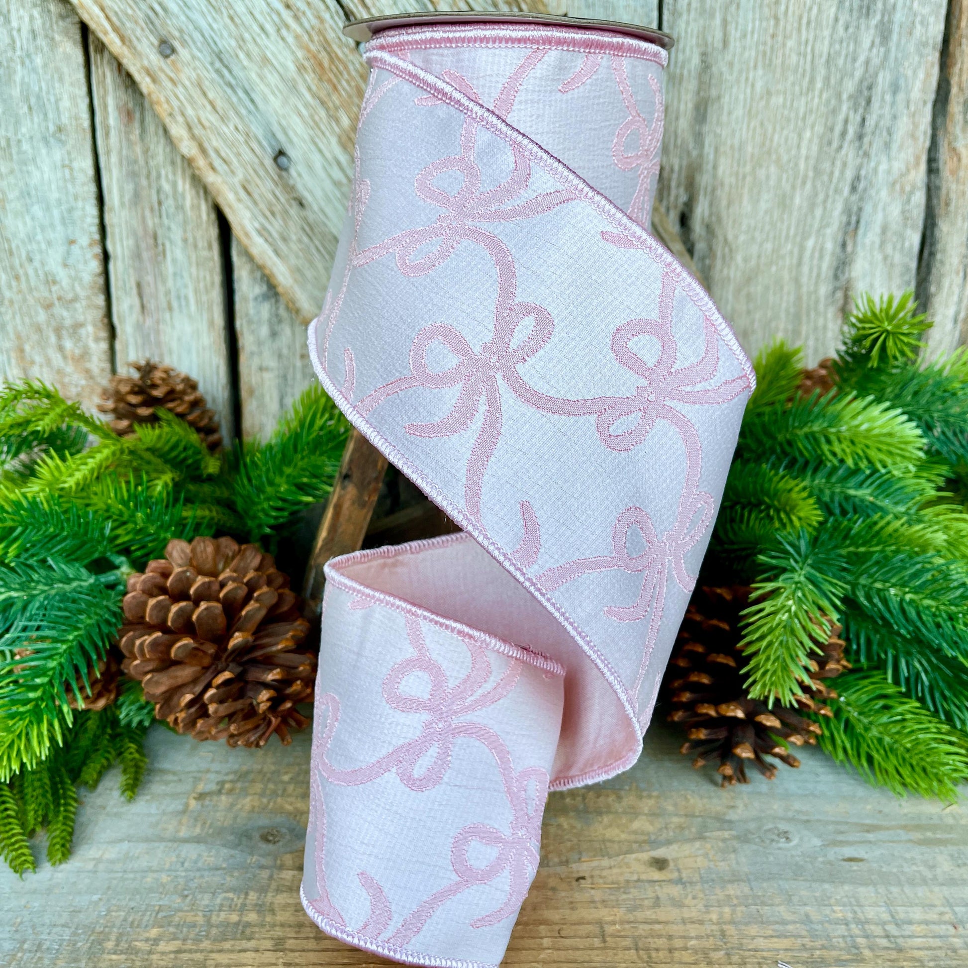 4" Pink Embroidered Bow Ribbon, Farrisilk Ribbon, Pink Bow Coquette Ribbon, Christmas Tree Ribbon