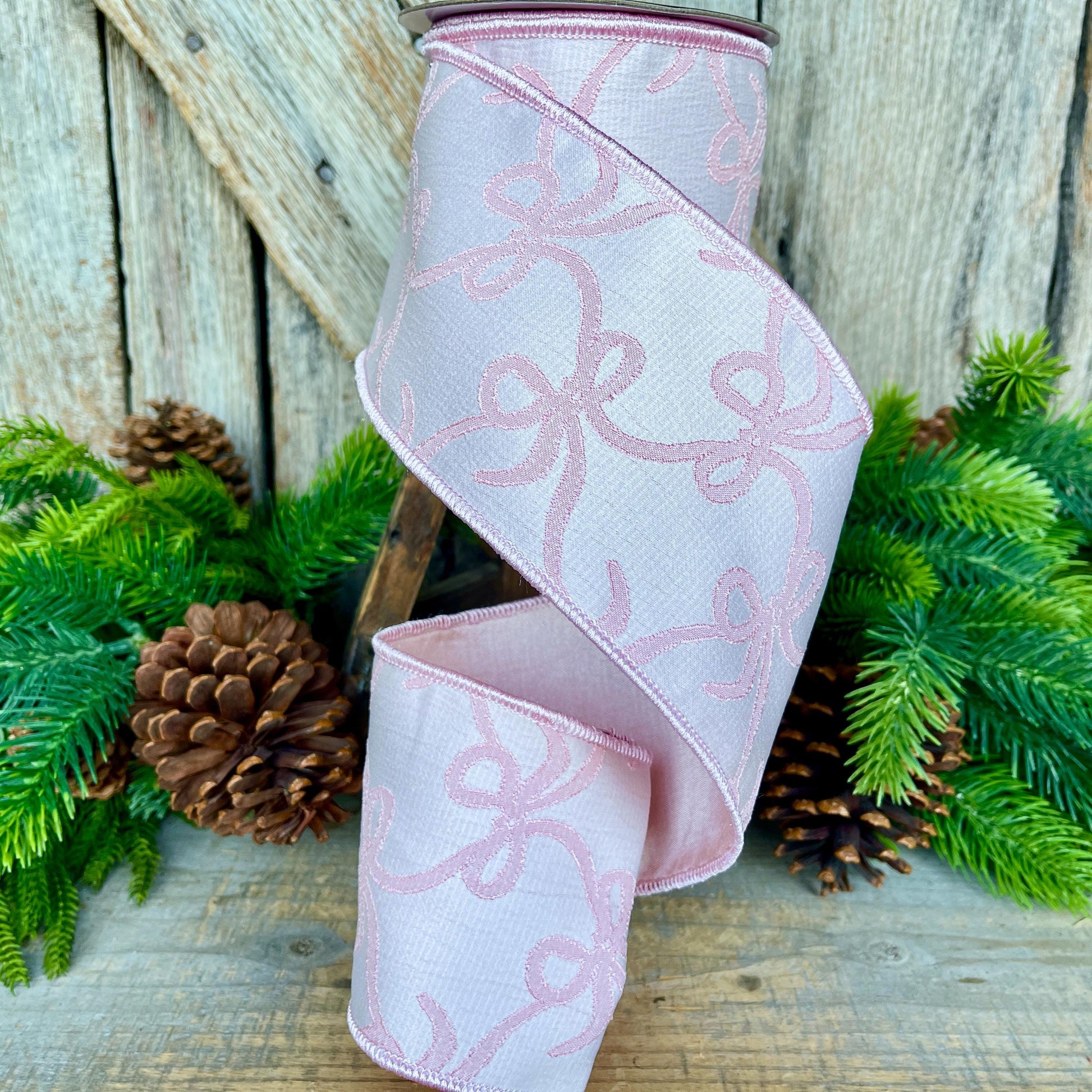 4" Pink Embroidered Bow Ribbon, Farrisilk Ribbon, Pink Bow Coquette Ribbon, Christmas Tree Ribbon