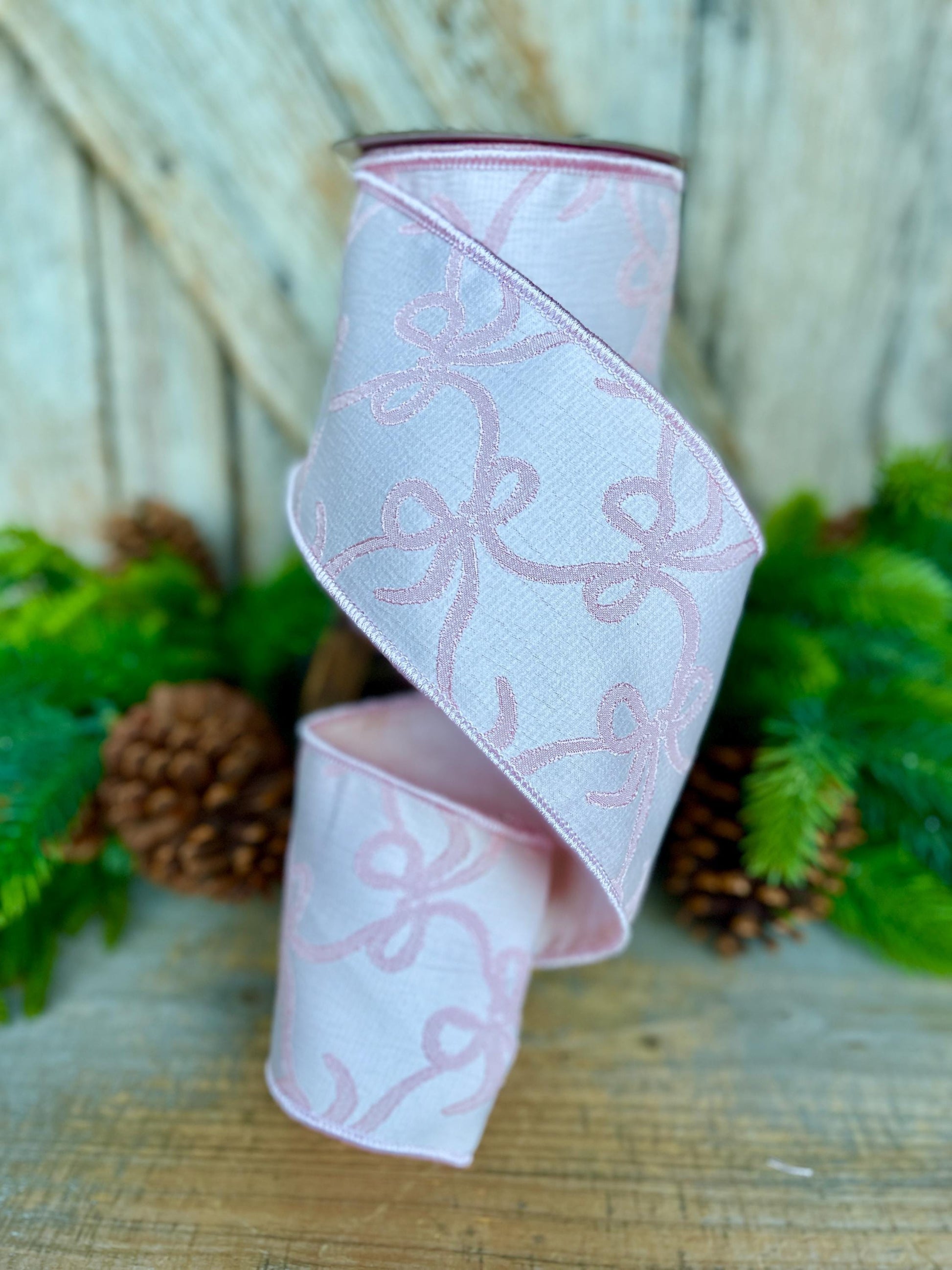 4" Pink Embroidered Bow Ribbon, Farrisilk Ribbon, Pink Bow Coquette Ribbon, Christmas Tree Ribbon