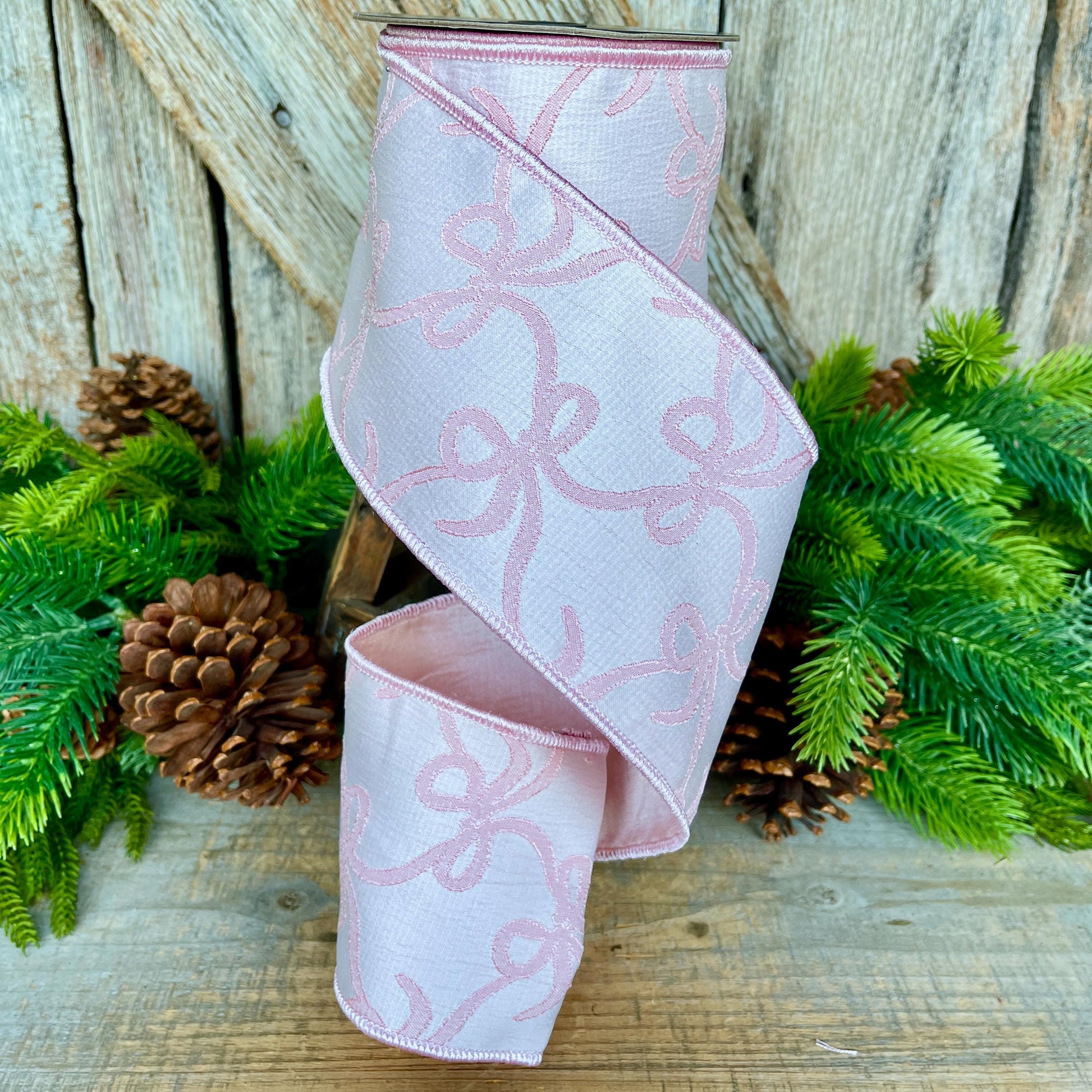 4" Pink Embroidered Bow Ribbon, Farrisilk Ribbon, Pink Bow Coquette Ribbon, Christmas Tree Ribbon