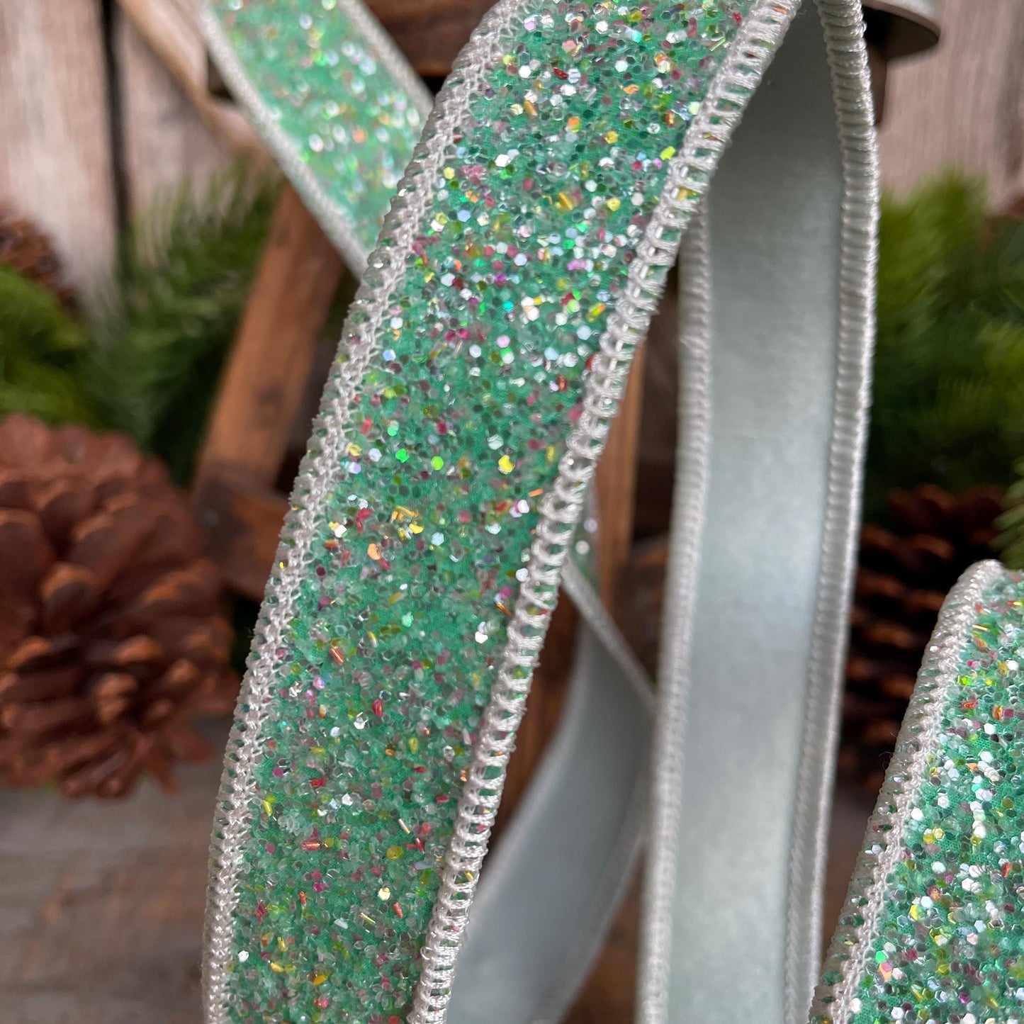1" Mint Green Glitter Ribbon, Farrisilk Ribbon, Spearmint Glitter Ribbon, Christmas Tree Ribbon