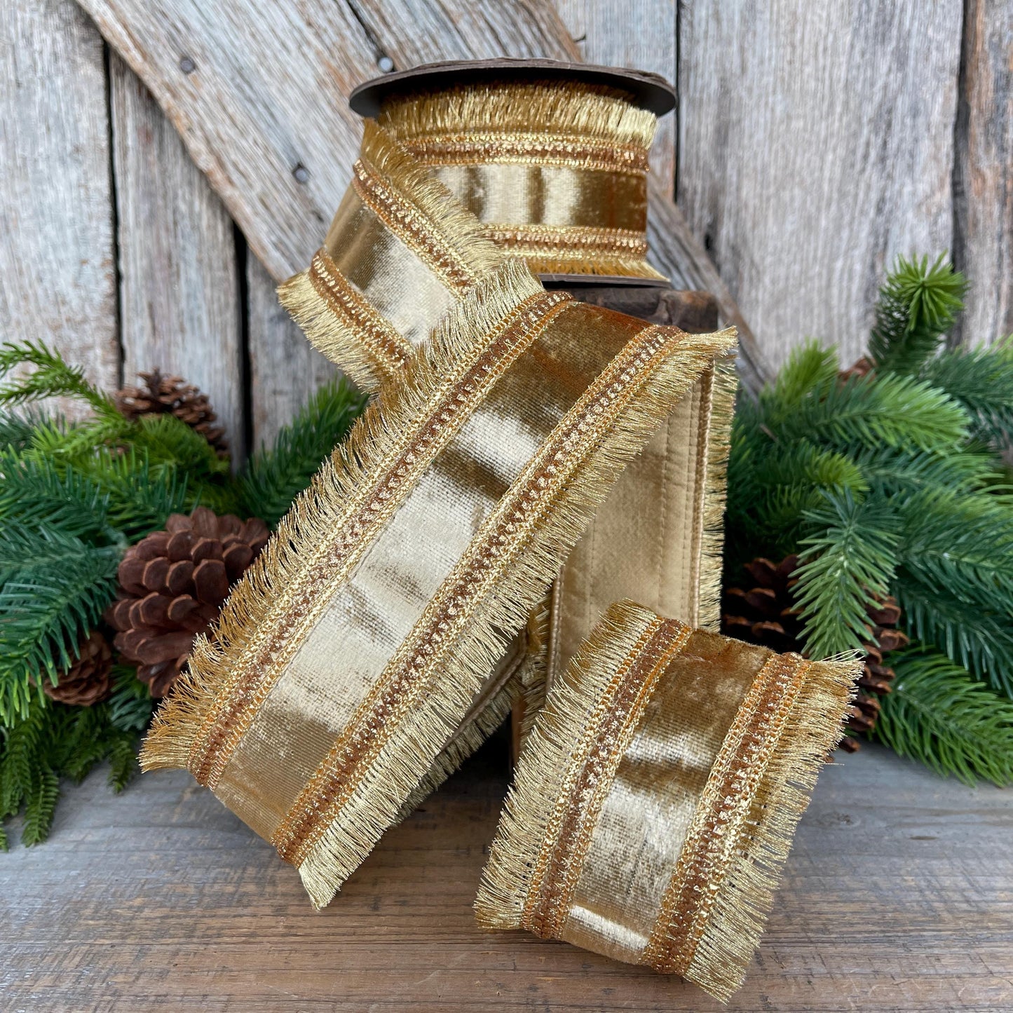 2.5" Gold Velvet Fringe Ribbon, Christmas Ribbon, Gold RIbbon, Christmas Tree Ribbon