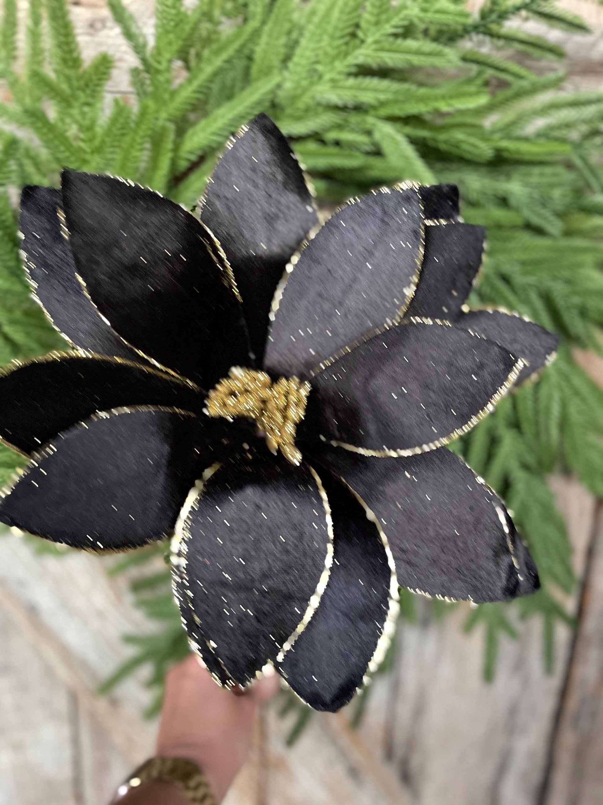 22" Black Velvet Poinsettia Stem, Christmas Floral Stem, Black Florals