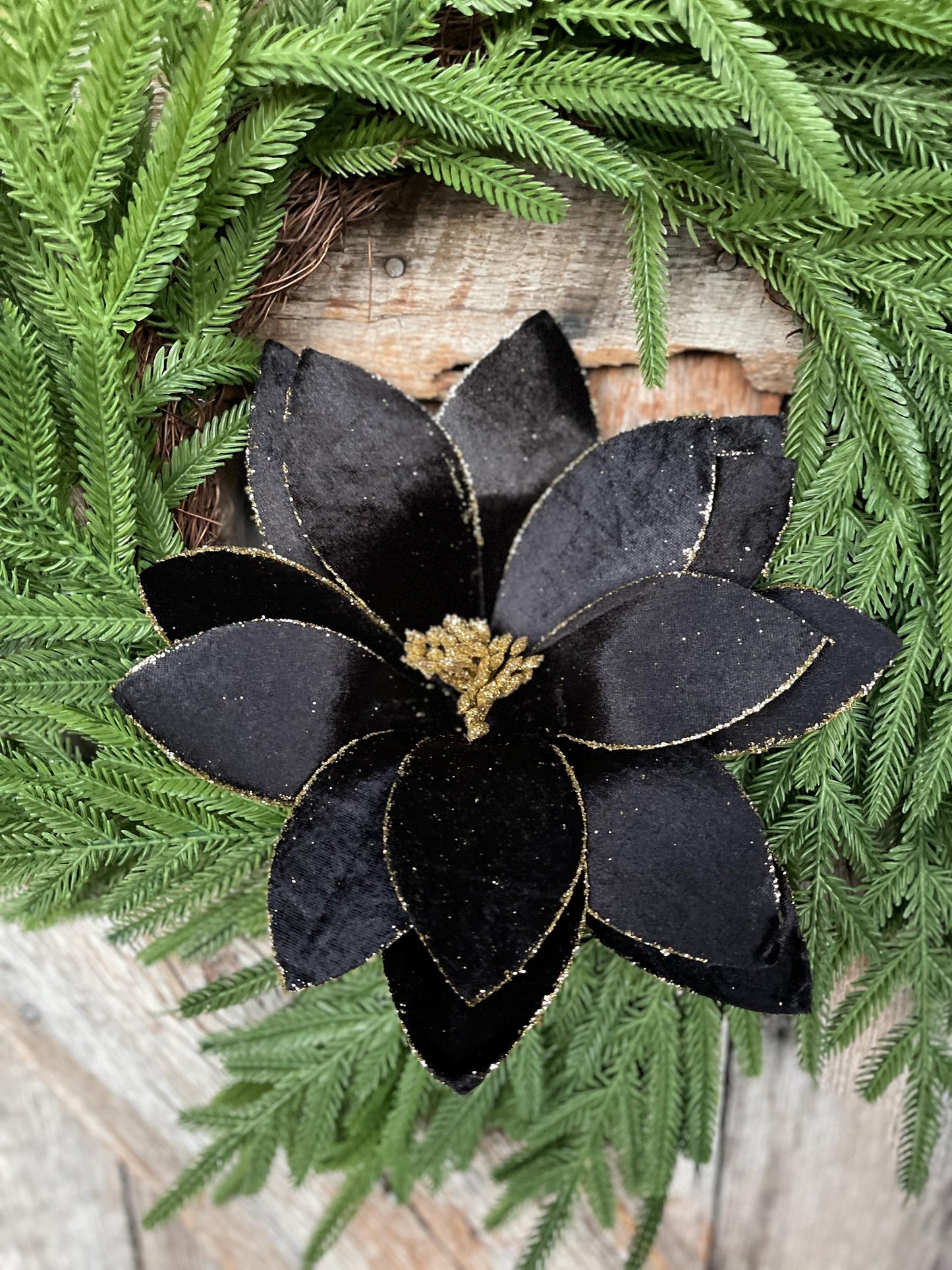 22" Black Velvet Poinsettia Stem, Christmas Floral Stem, Black Florals