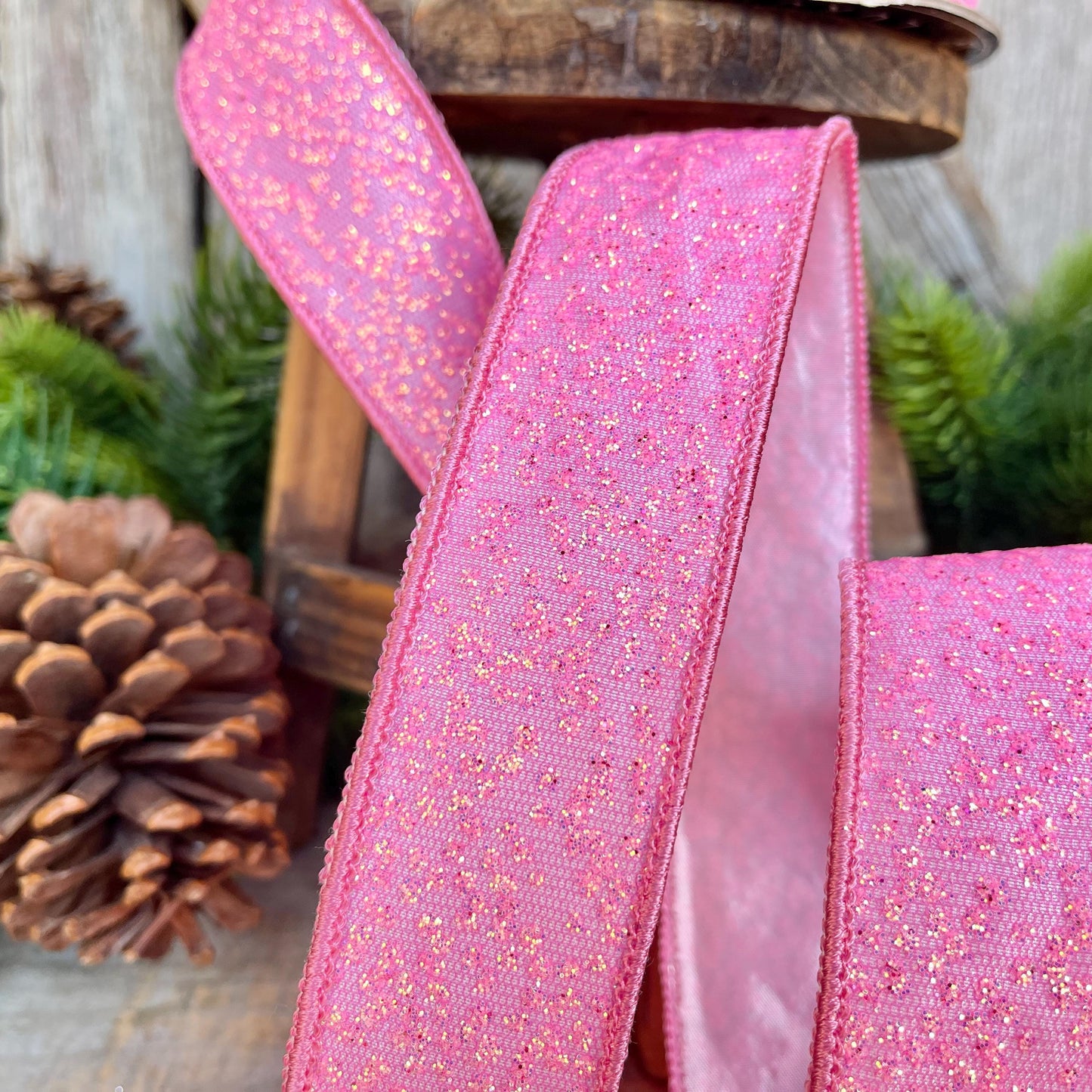 1.5" Pink Sparkle Ribbon, Christmas Ribbon, Pink Glitter RIbbon