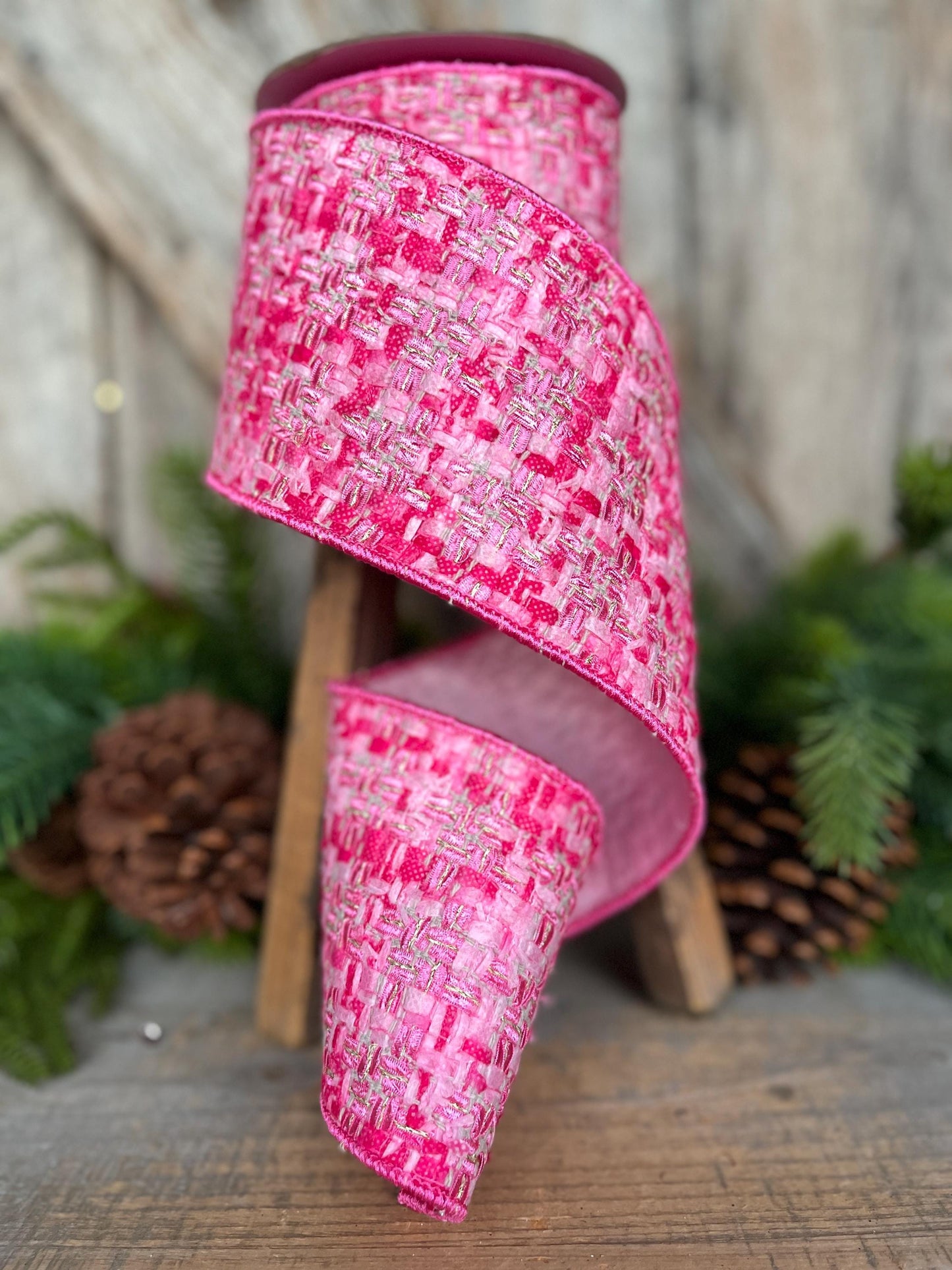4" Hot Pink Tweed Ribbon, Hot Pink Christmas Ribbon