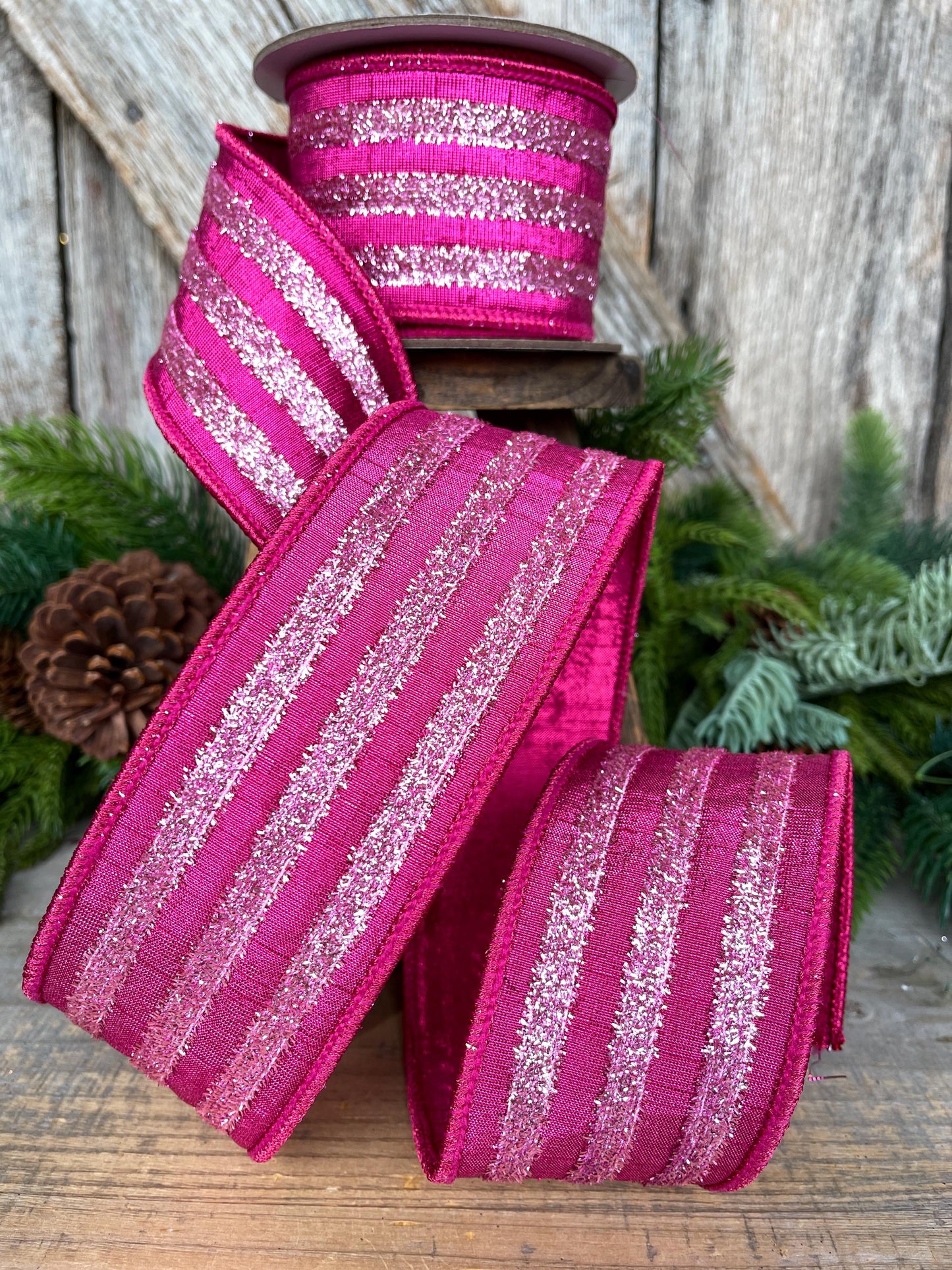 2.5" Hot Pink Tinsel Ribbon, Farrisilk Ribbon, Hot Pink Ribbon for Tree