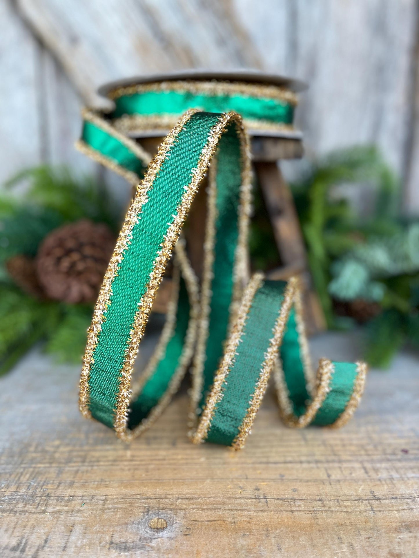 1" Emerald Green & Gold Tinsel Ribbon, Christmas Ribbon, Farrisilk ribbon