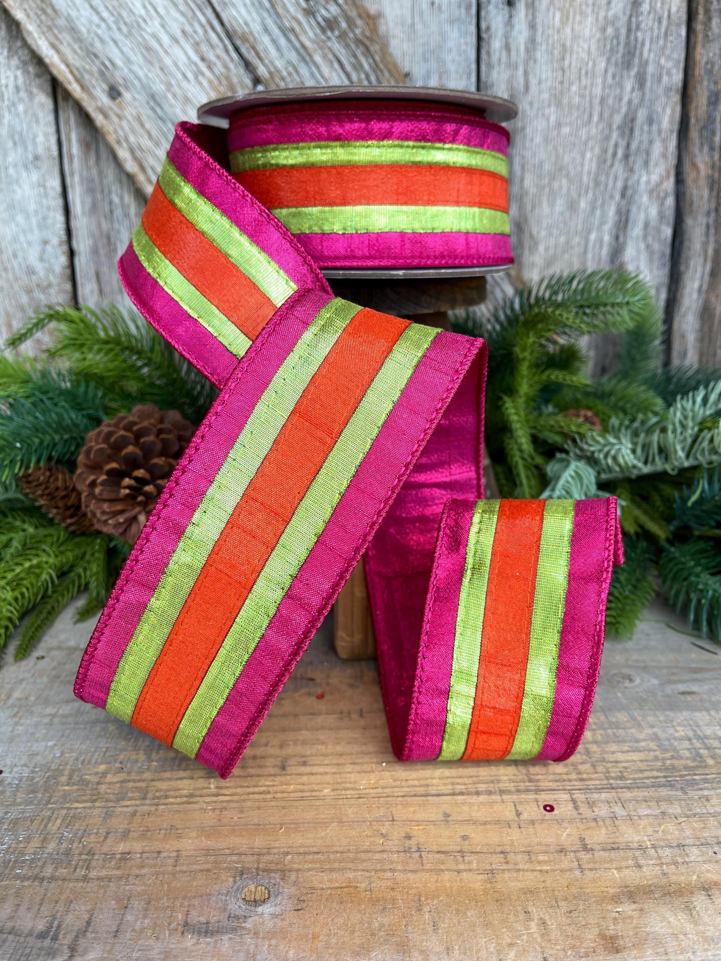2.5" Christmas Striped Ribbon, Hot PInk Orange Ribbon, Farrisilk ribbon, 2.5" x 10yds, Classic Stripes, RK886-08