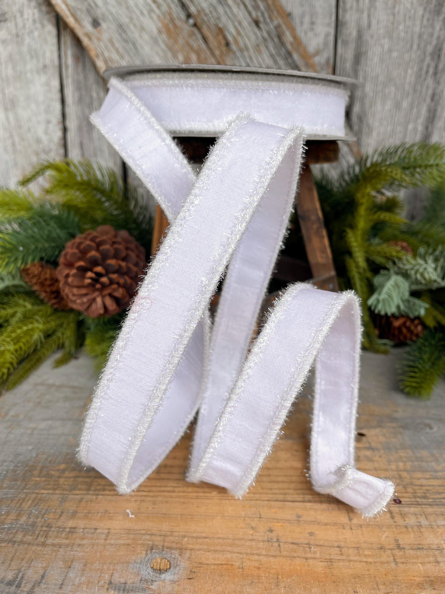 1" White Ribbon, White Iridescent Tinsel Ribbon, Christmas RIbbon, Designer Ribbon, RK790-44