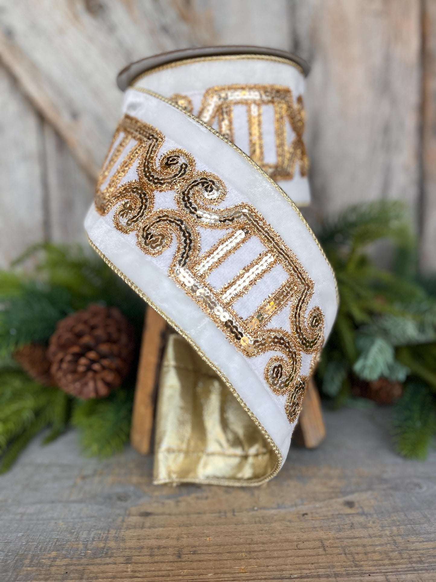 4" Ivory Velvet Ribbon, Ivory Gold Plush Nutcracker Ribbon, Farrisilk Ribbon, Ivory Christmas Ribbon, RK822-62