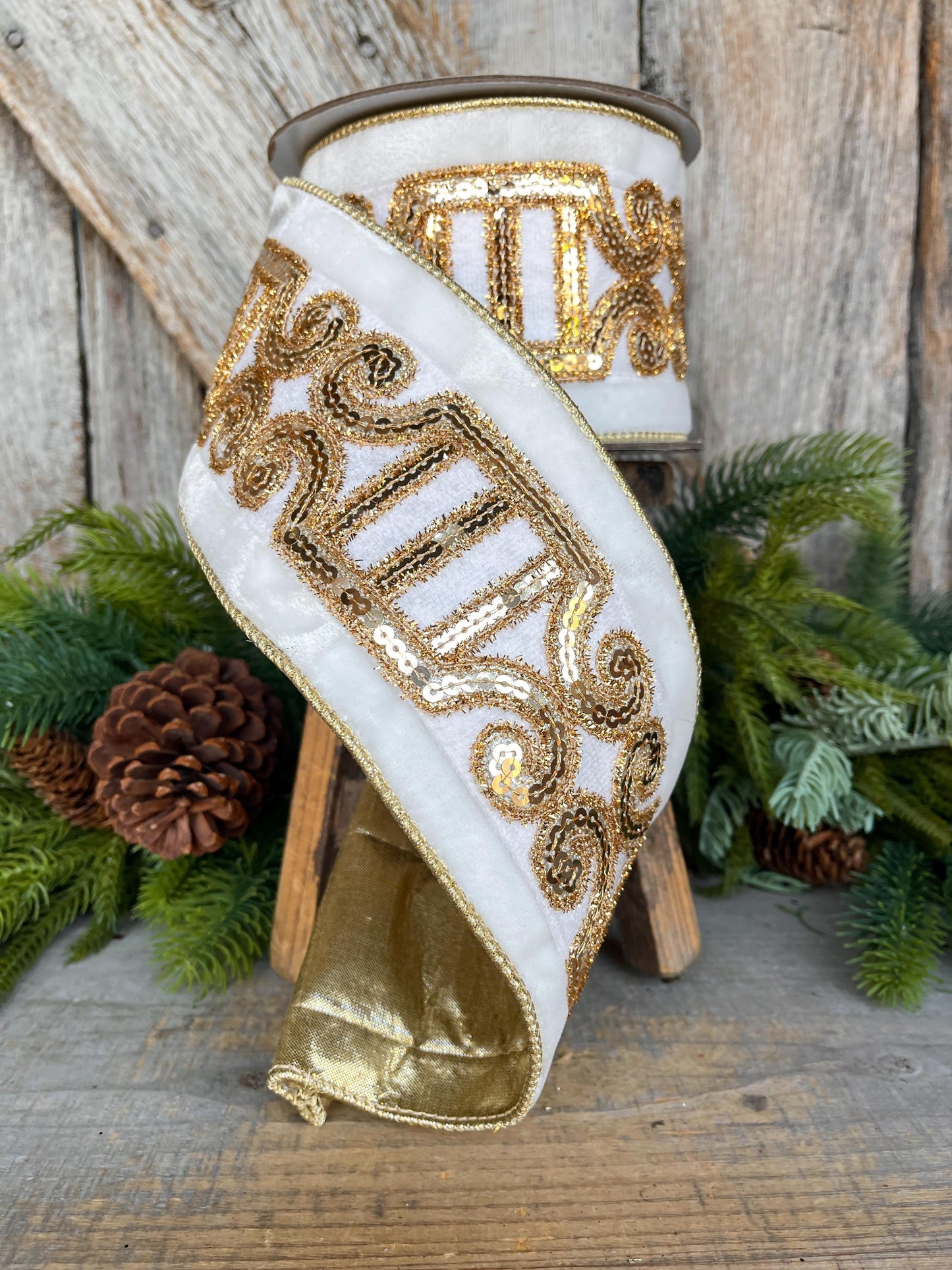 4" Ivory Velvet Ribbon, Ivory Gold Plush Nutcracker Ribbon, Farrisilk Ribbon, Ivory Christmas Ribbon, RK822-62