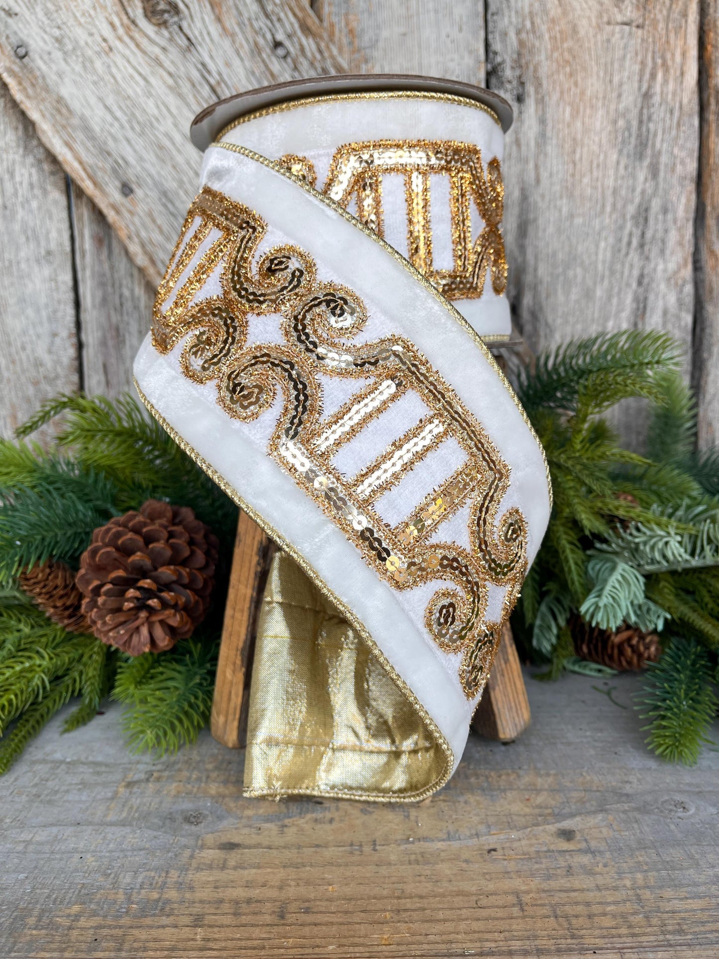 4" Ivory Velvet Ribbon, Ivory Gold Plush Nutcracker Ribbon, Farrisilk Ribbon, Ivory Christmas Ribbon, RK822-62