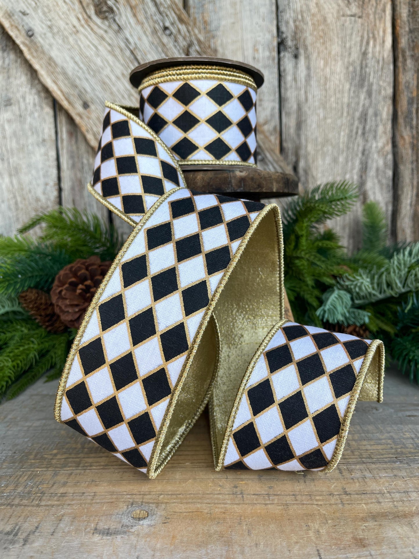2.5" Black and White Harlequin Ribbon, Christmas Ribbon
