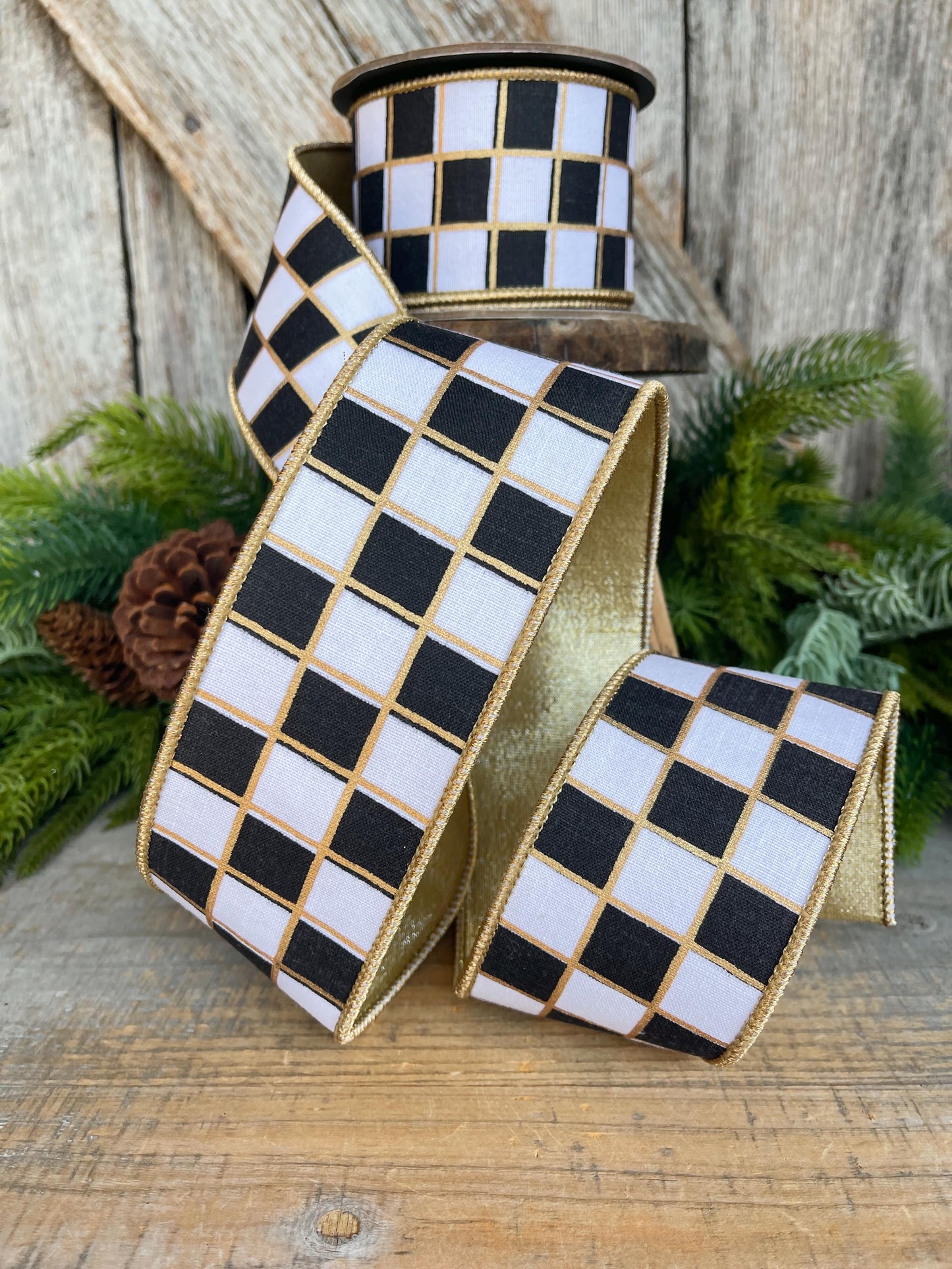 2.5" Black and White Check Ribbon, Christmas Ribbon