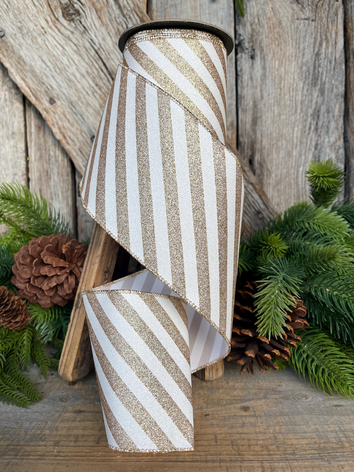 4" Gold Ribbon Stripe Ribbon, Gold White Christmas Ribbon, 10 Yards
