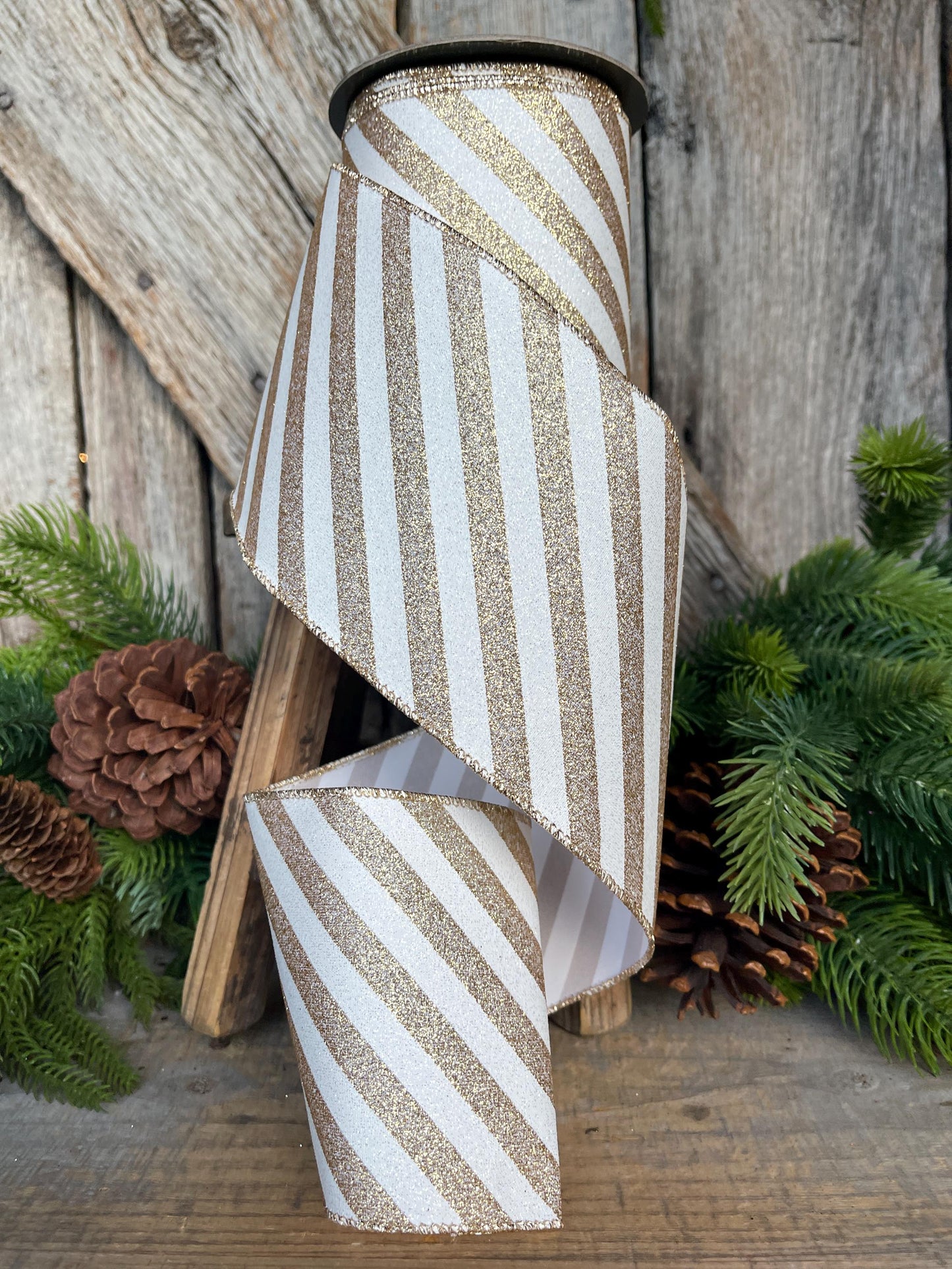 4" Gold Ribbon Stripe Ribbon, Gold White Christmas Ribbon, 10 Yards