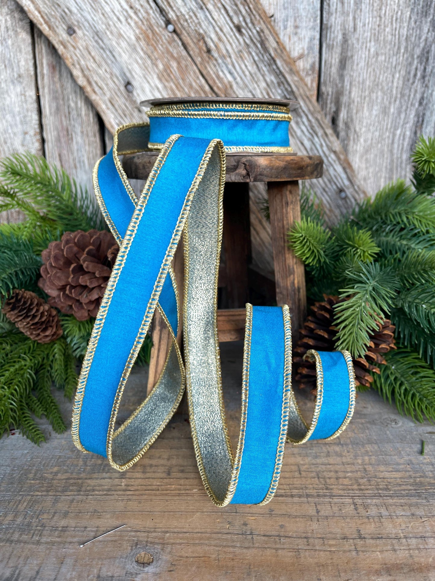 1" Blue Gold Ribbon, Blue Christmas Ribbon, Nancy Brown Ribbon