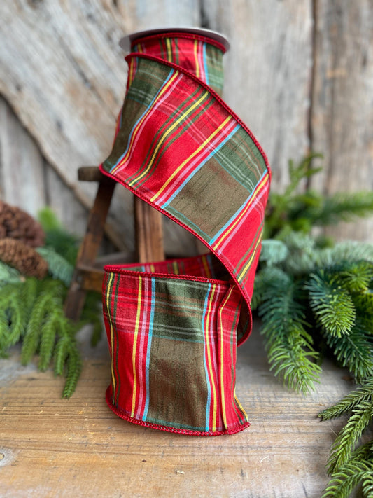 4" Traditional CHristmas Plaid, Wired Ribbon, Red Green Chirstmas Plaid RIbbon, RIbbon for Treee, Christmas Plaid