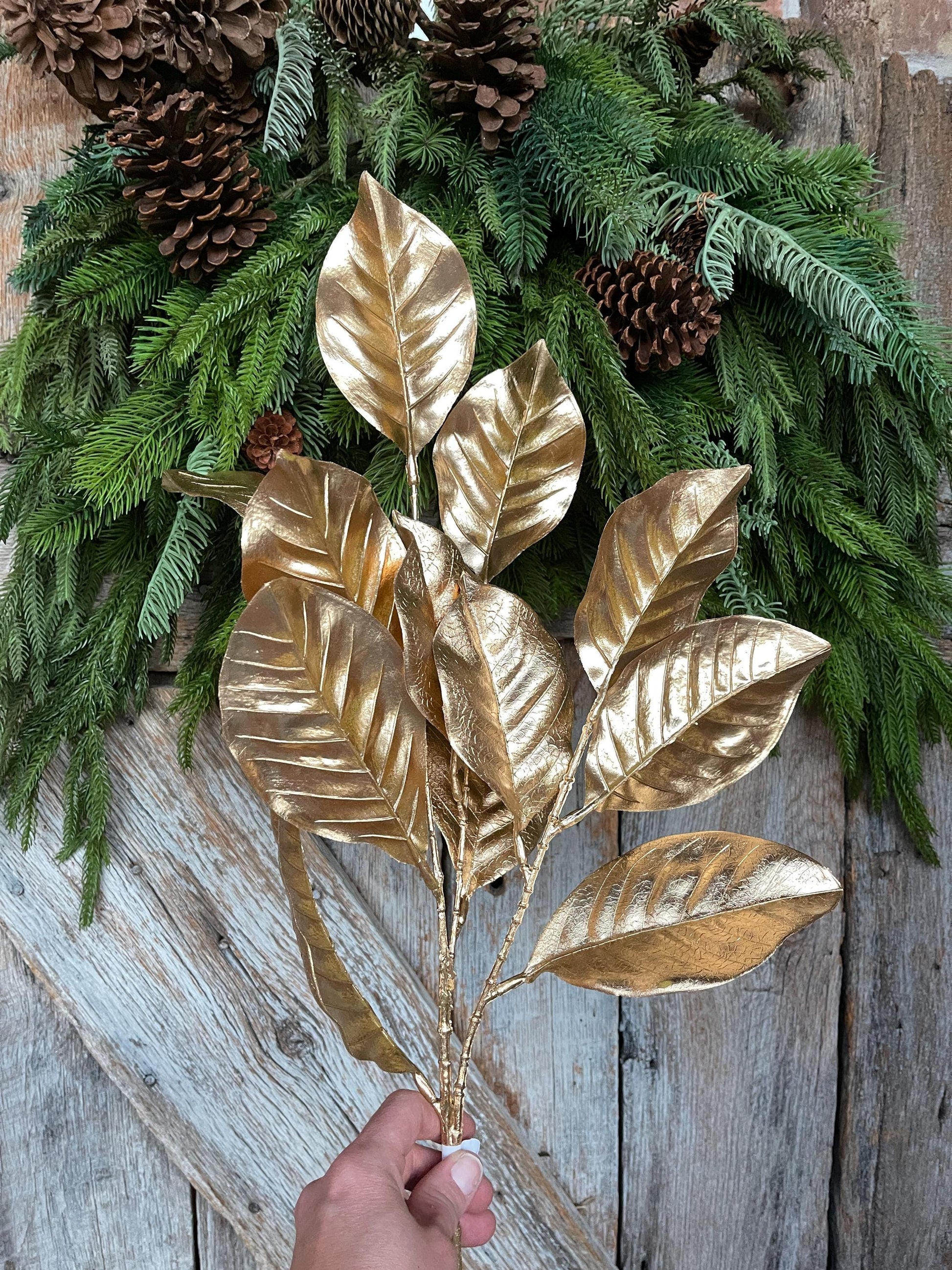 28" Metallic Gold Magnolia Leaf Spray, Christmas Tree Spray