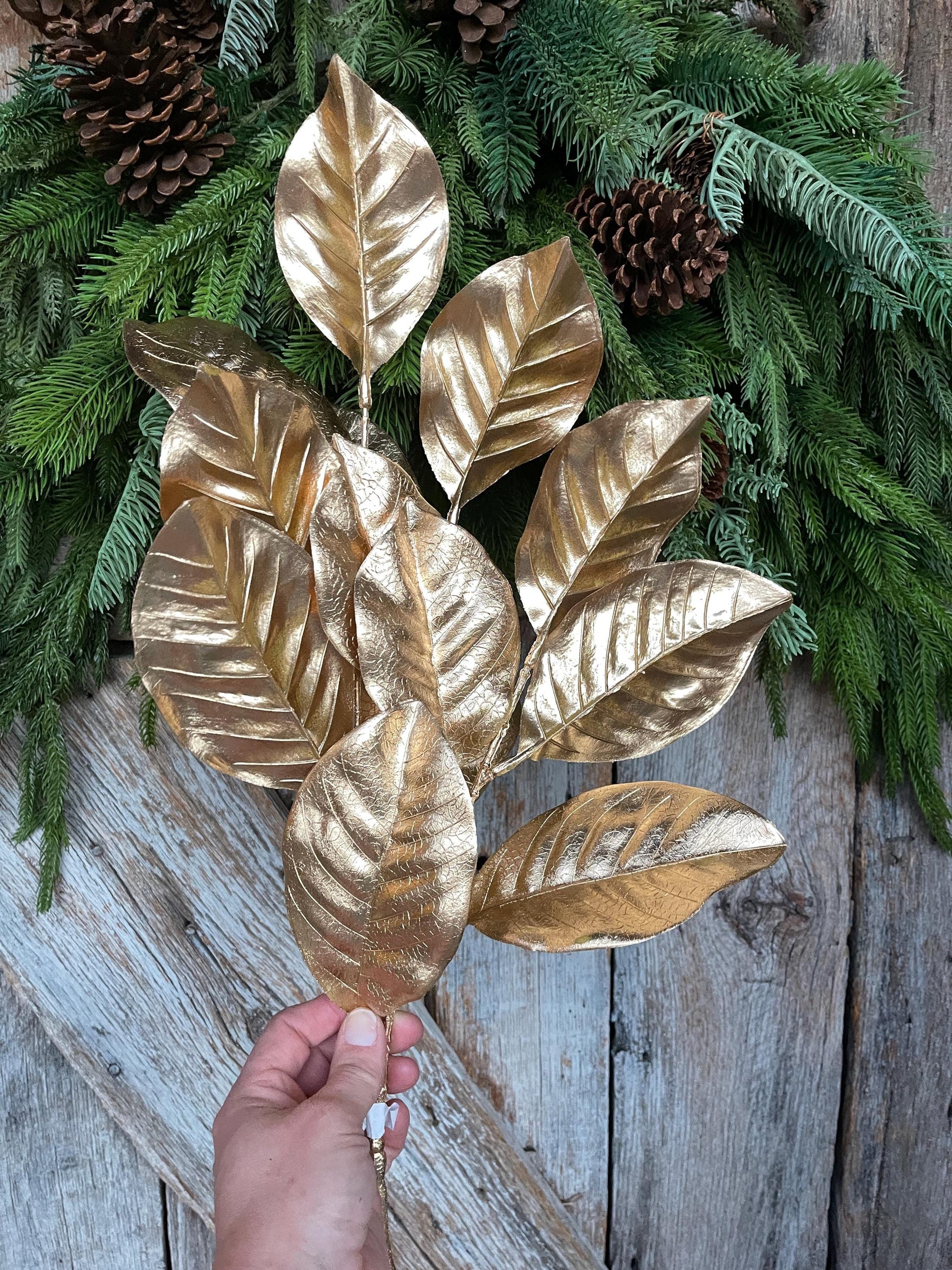 28" Metallic Gold Magnolia Leaf Spray, Christmas Tree Spray