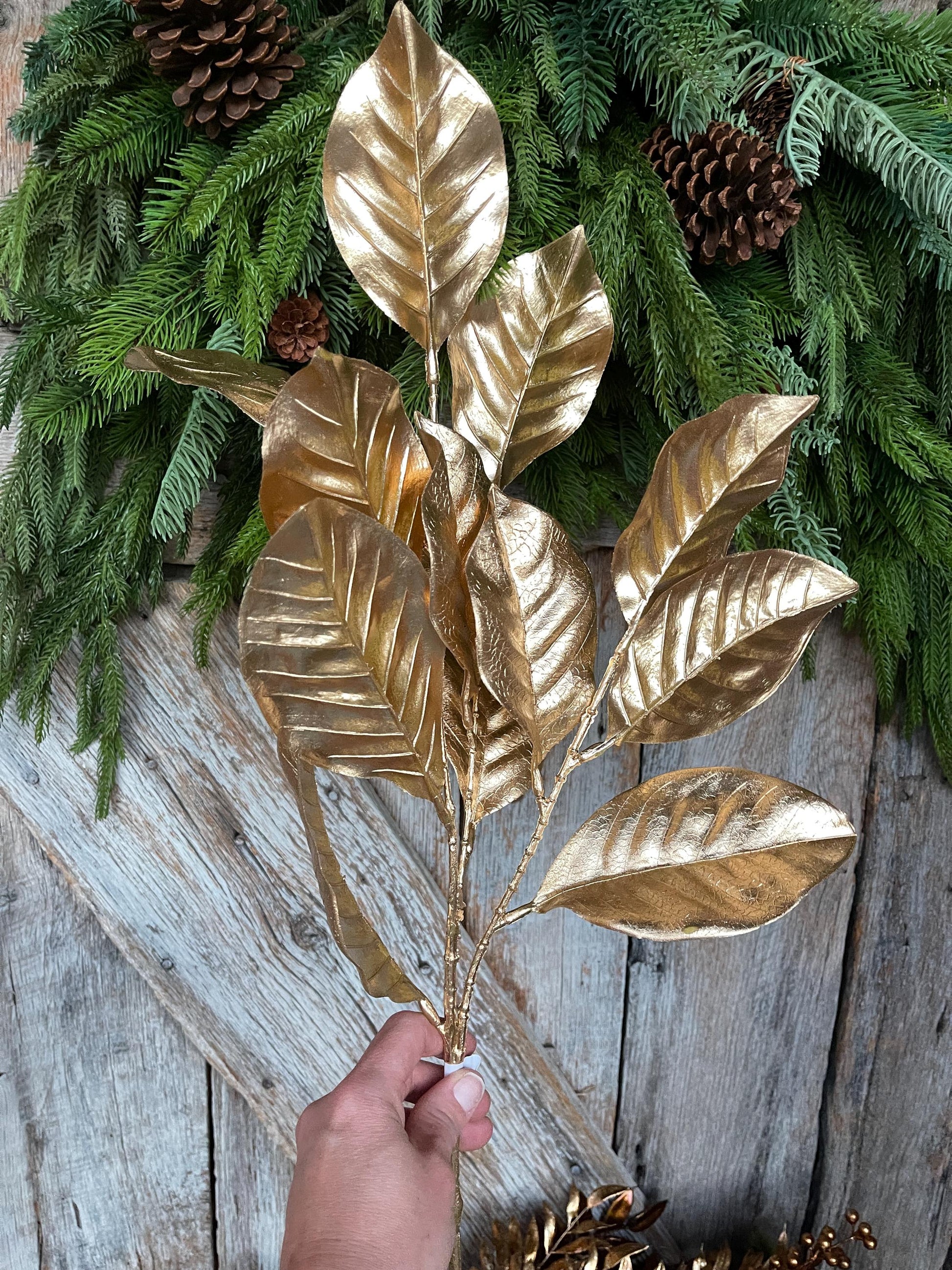 28" Metallic Gold Magnolia Leaf Spray, Christmas Tree Spray