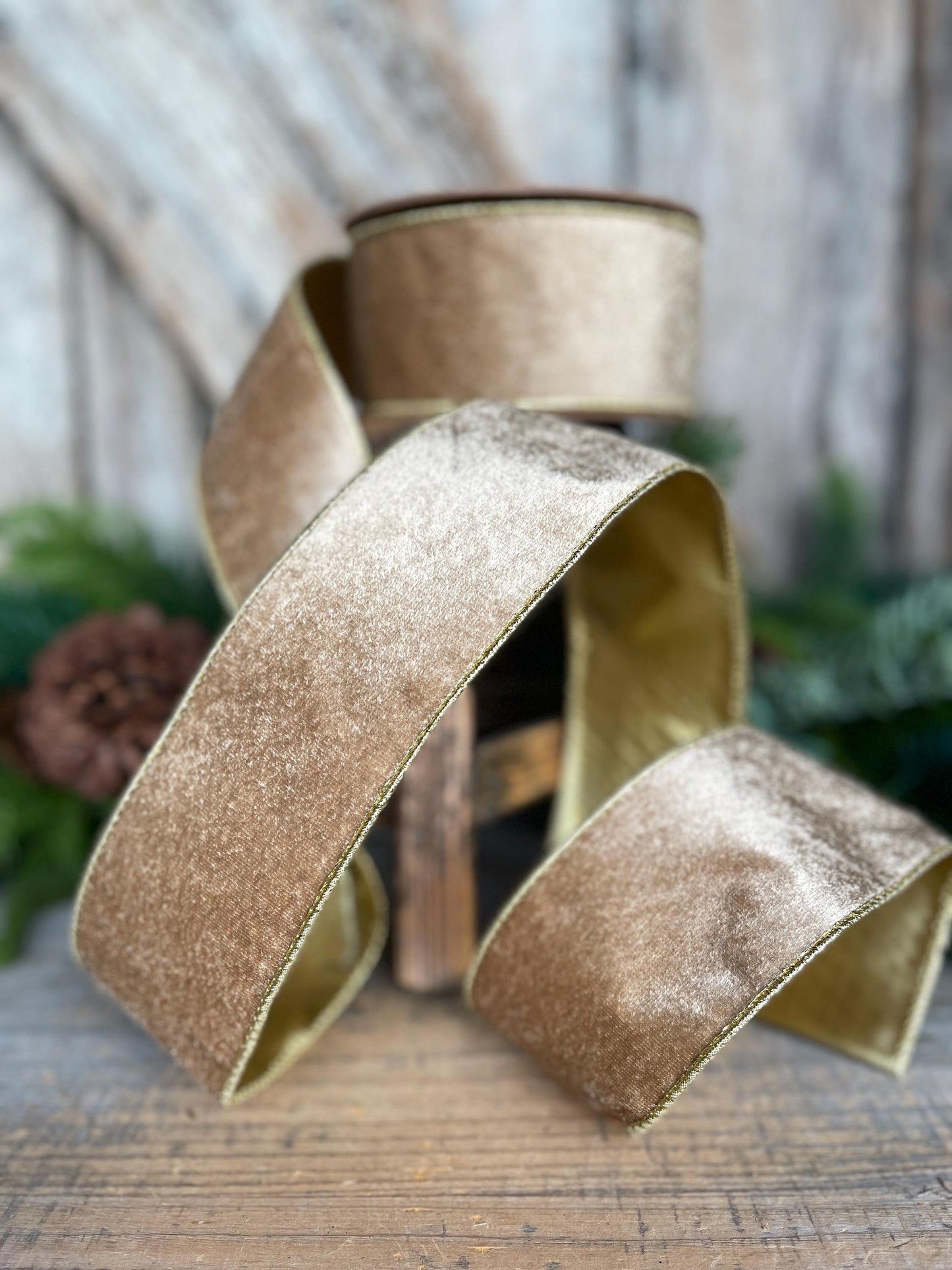 2.5" Gold Velveteen Ribbon, Christmas Ribbon, Gold Velvet