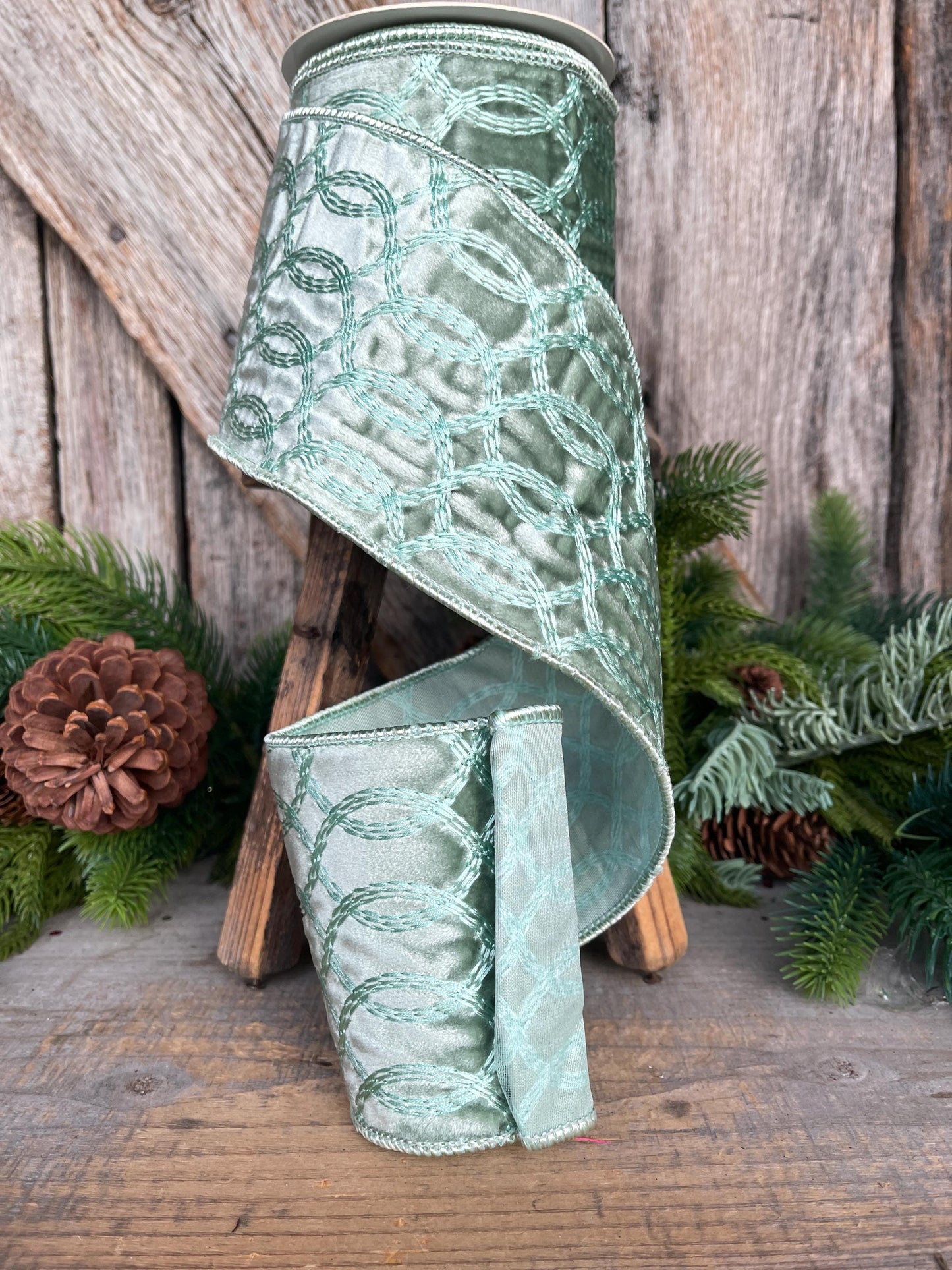 4" Aqua Celadon Velvet Ribbon, Celadon Velvet Ribbon, Christmas Ribbon
