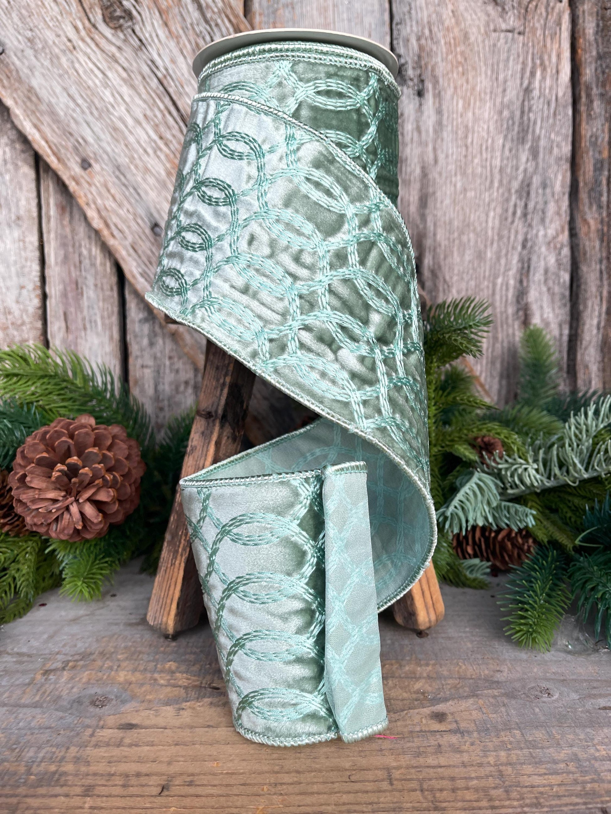 4" Aqua Celadon Velvet Ribbon, Celadon Velvet Ribbon, Christmas Ribbon