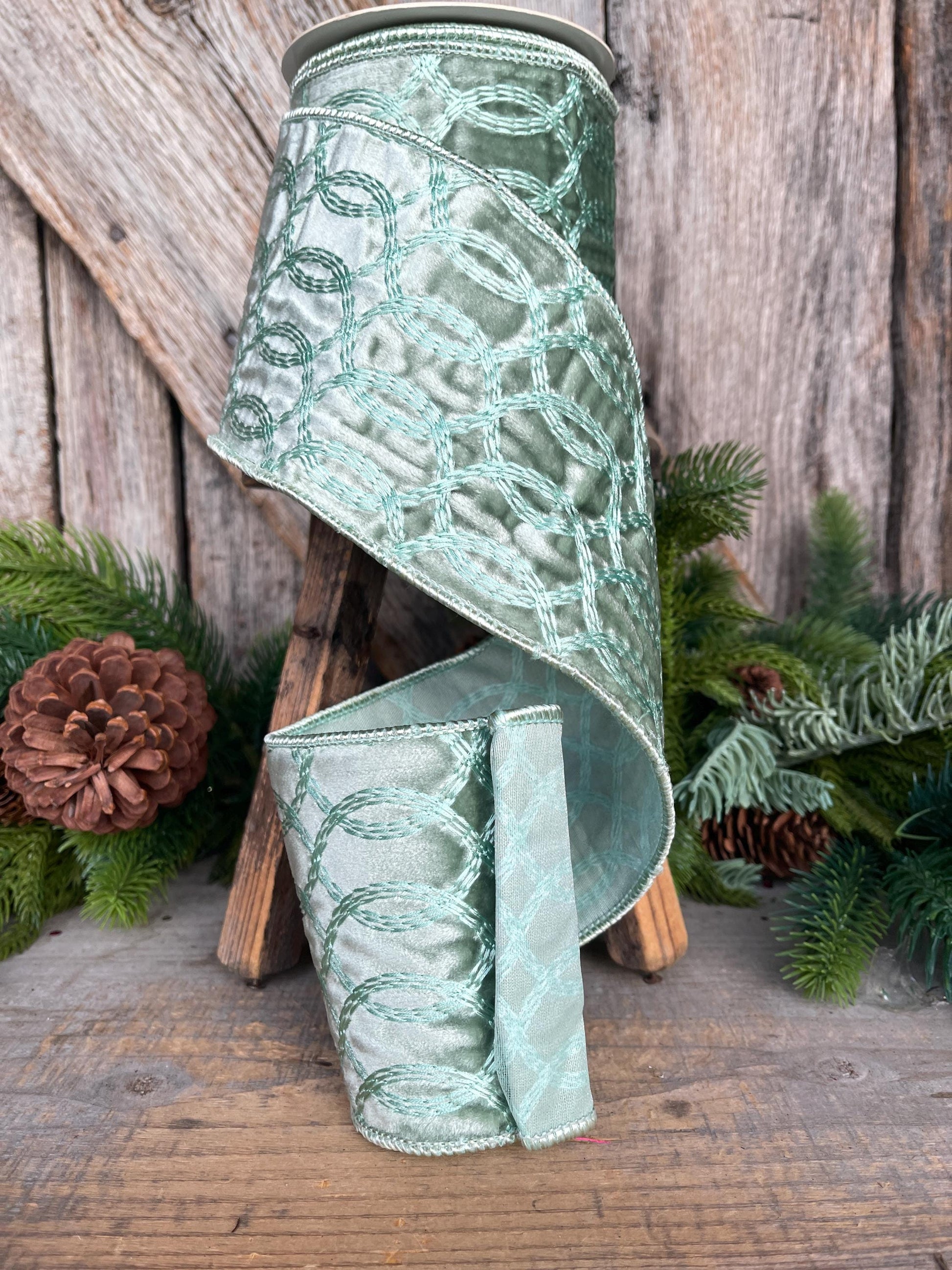 4" Aqua Celadon Velvet Ribbon, Celadon Velvet Ribbon, Christmas Ribbon