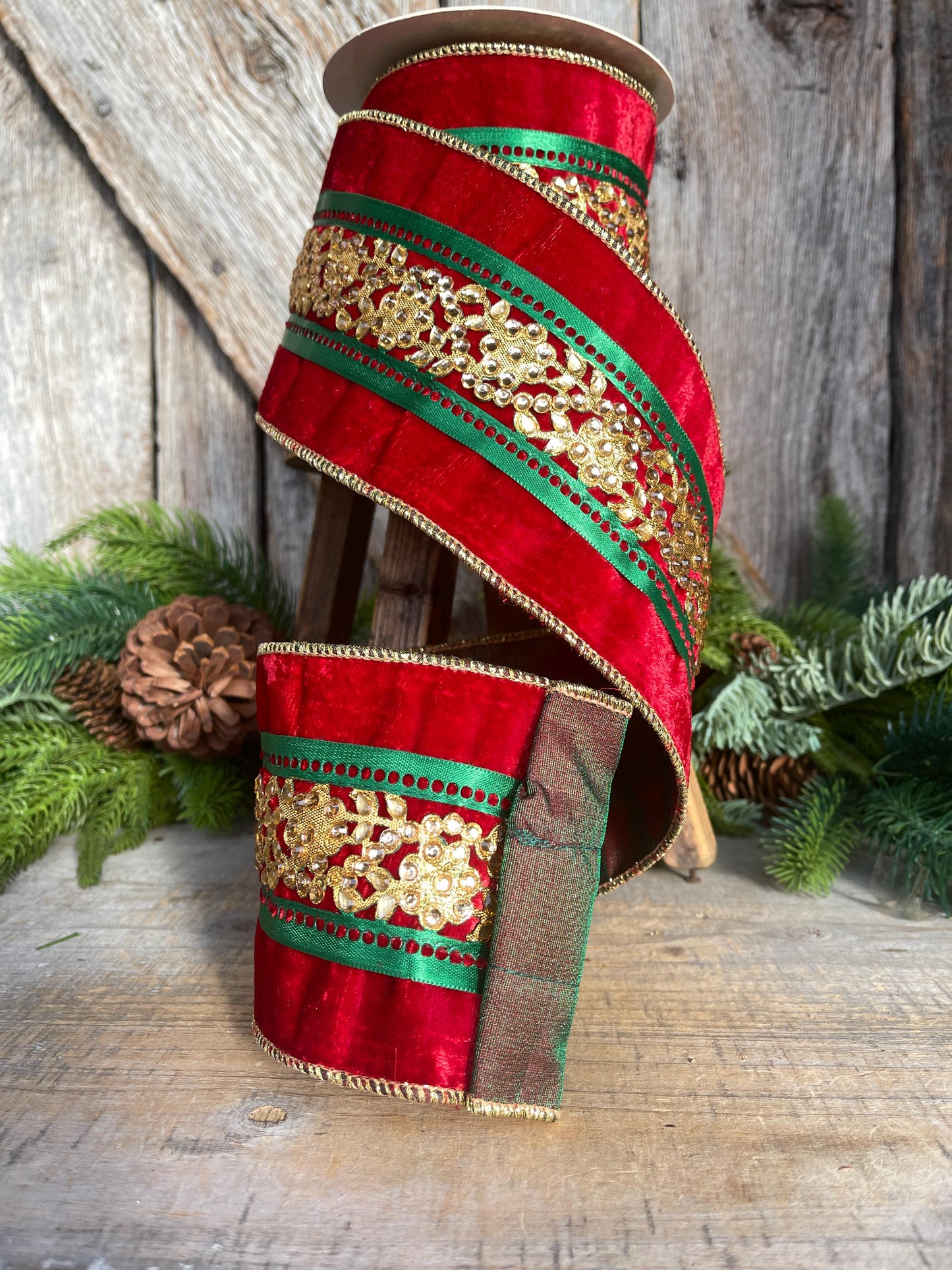 4" Red Embellished Velvet Ribbon, Luxury Christmas Ribbon