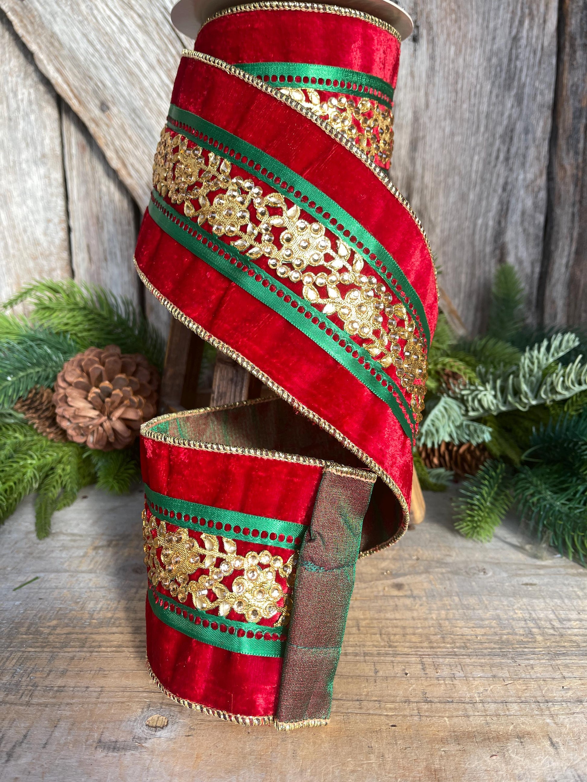 4" Red Embellished Velvet Ribbon, Luxury Christmas Ribbon