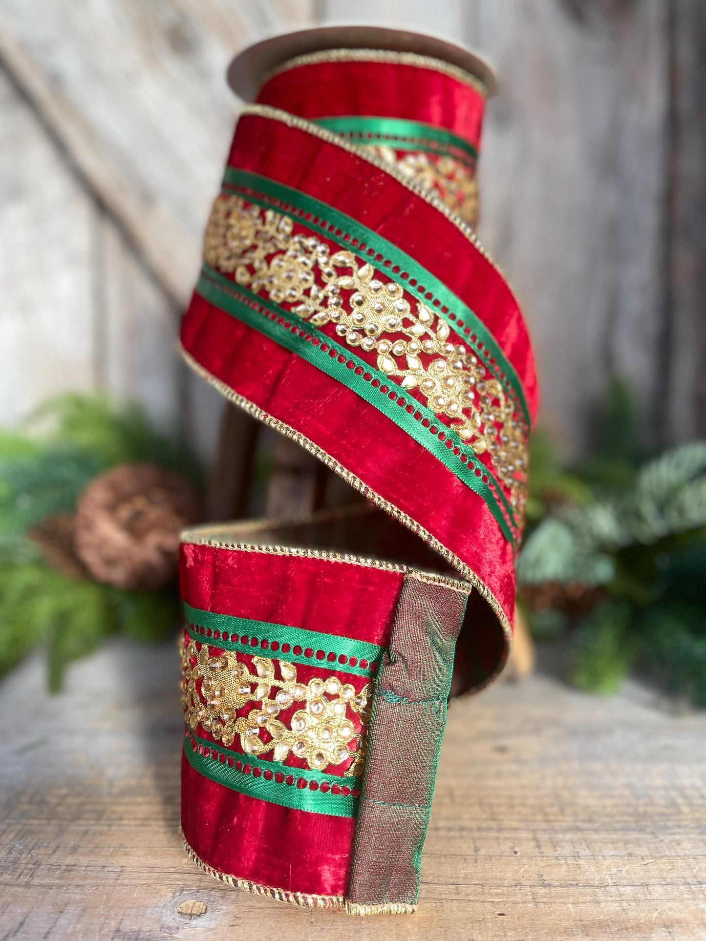 4" Red Embellished Velvet Ribbon, Luxury Christmas Ribbon