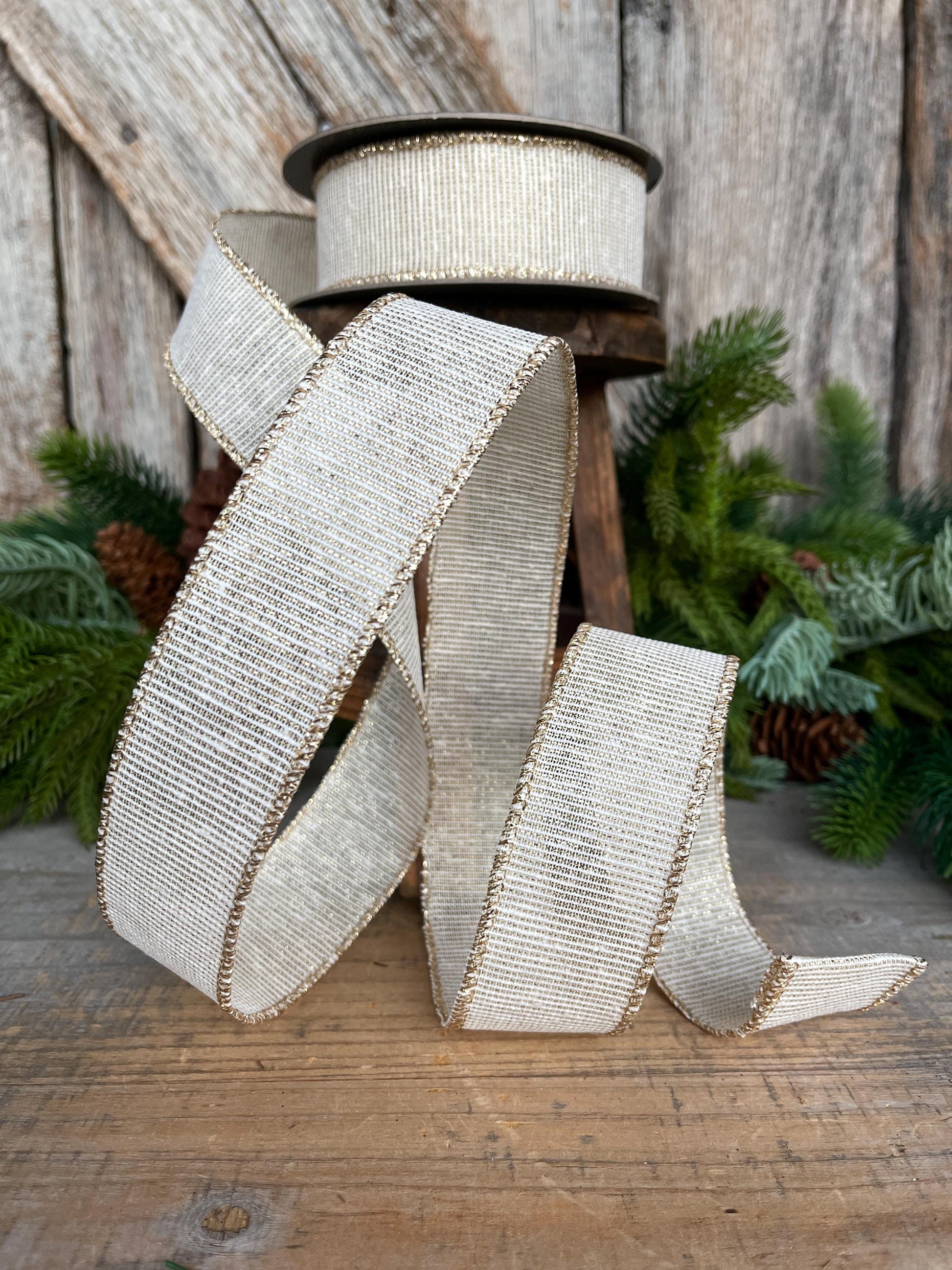 1.5" Ivory & Gold Ribbon, Christmas Ribbon, Gift Wrap Ribbon