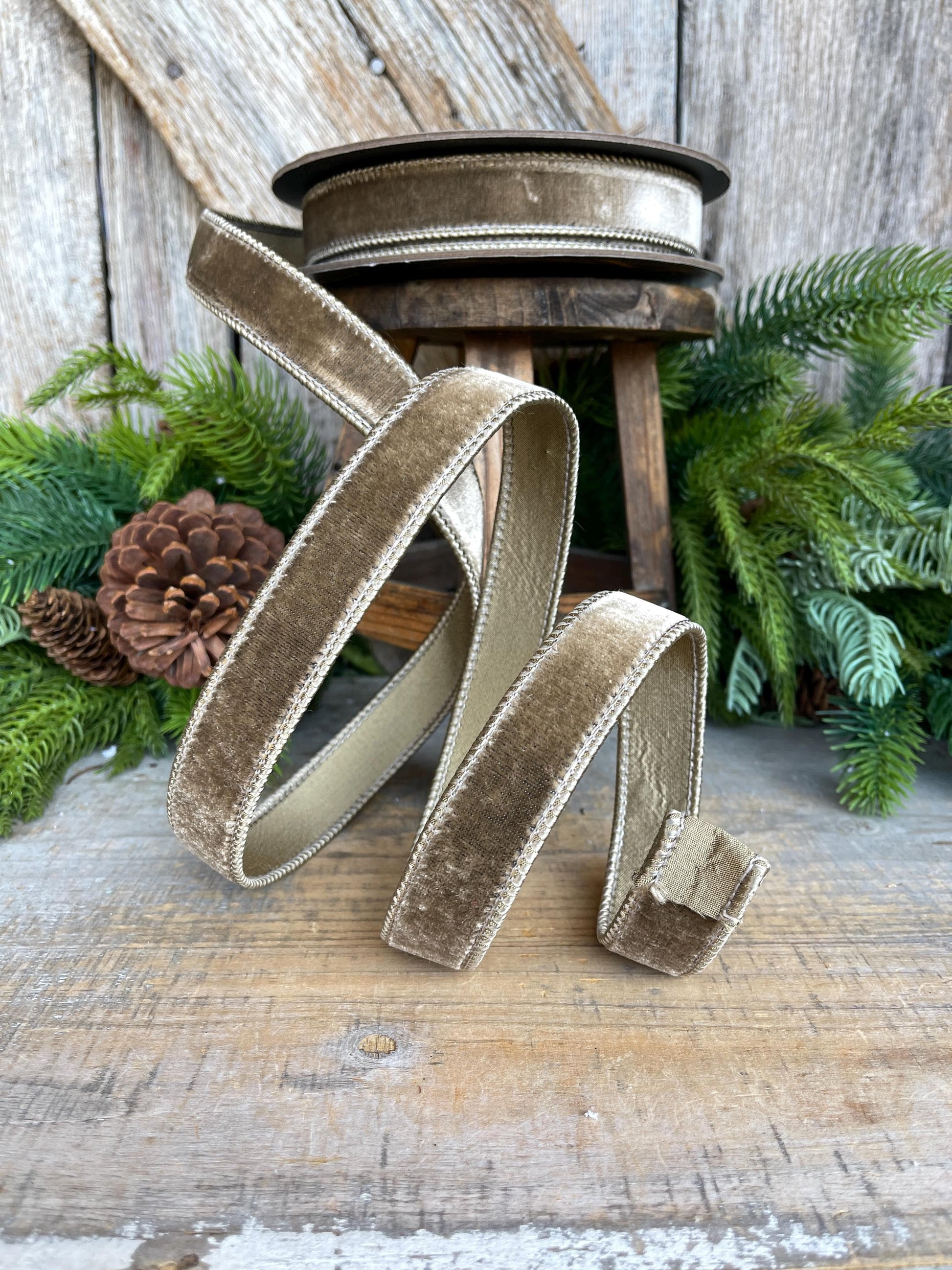 1” Mink Velvet Ribbon, Mocha Velvet ribbon, Christmas Ribbon, Wired Ribbon