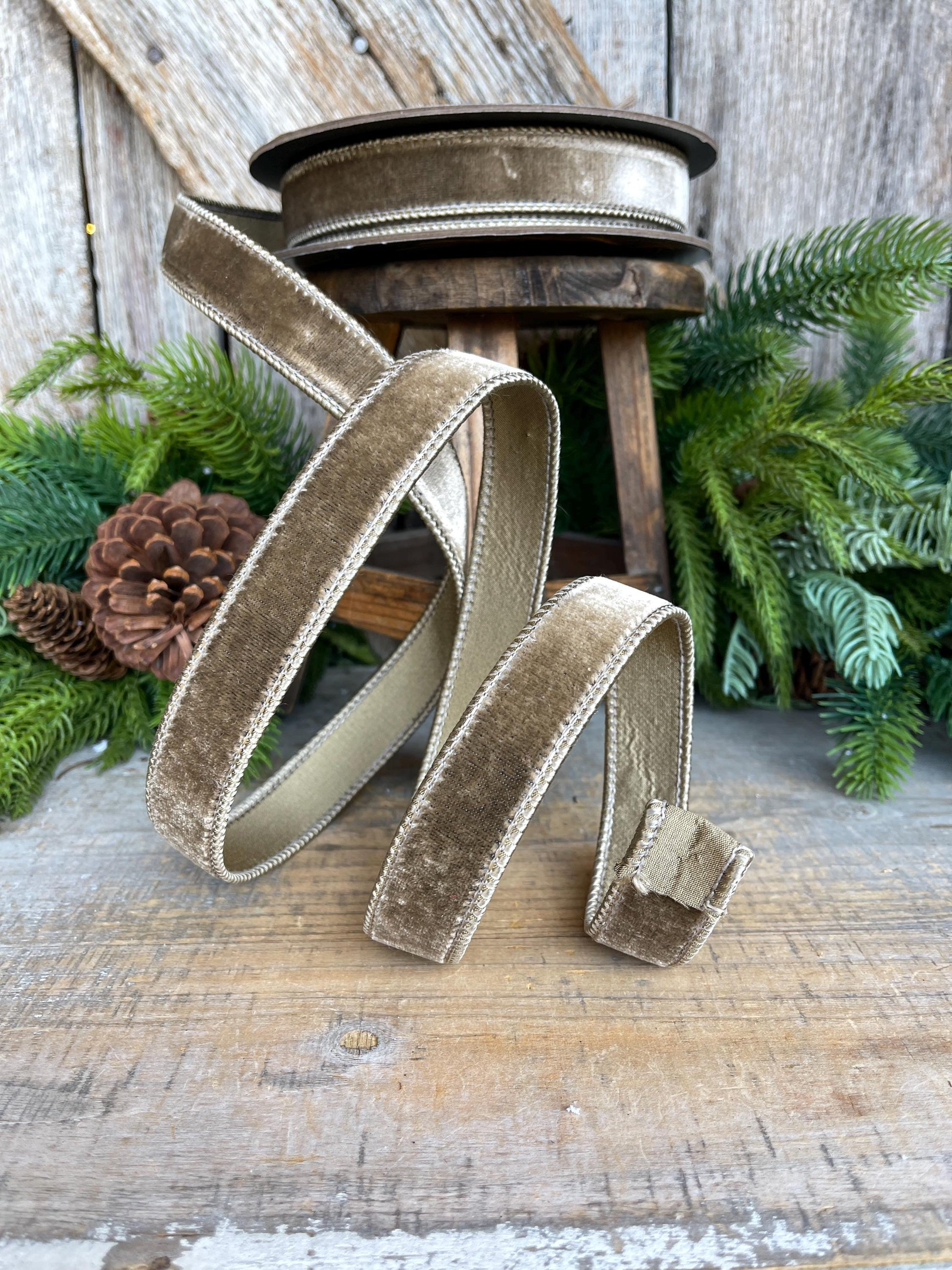 1” Mink Velvet Ribbon, Mocha Velvet ribbon, Christmas Ribbon, Wired Ribbon