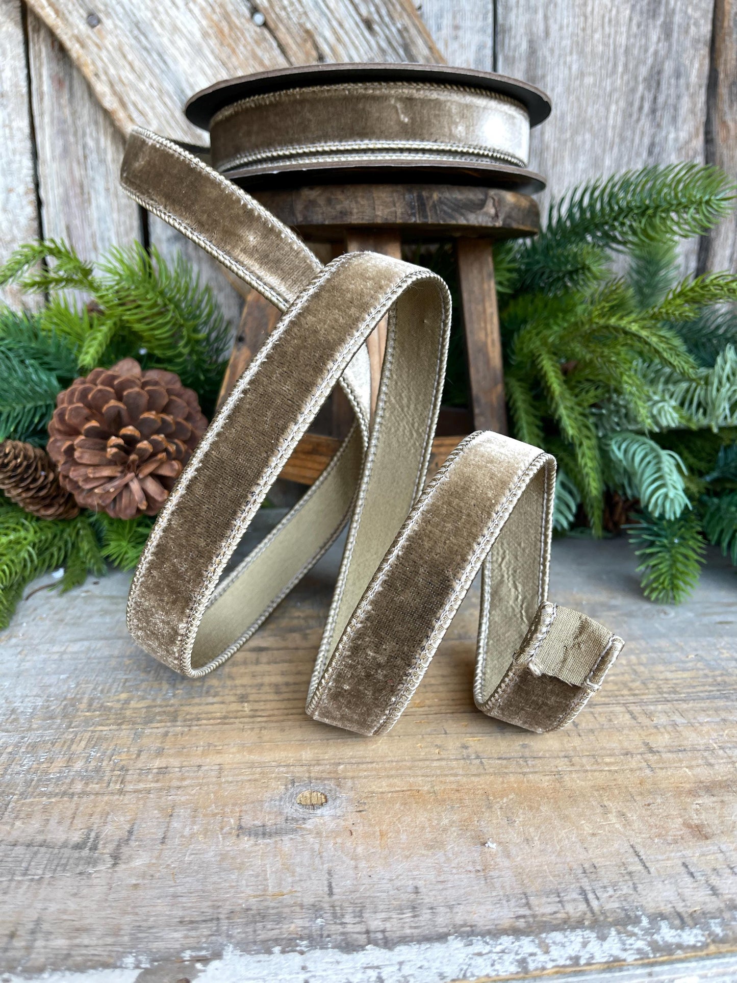 1” Mink Velvet Ribbon, Mocha Velvet ribbon, Christmas Ribbon, Wired Ribbon