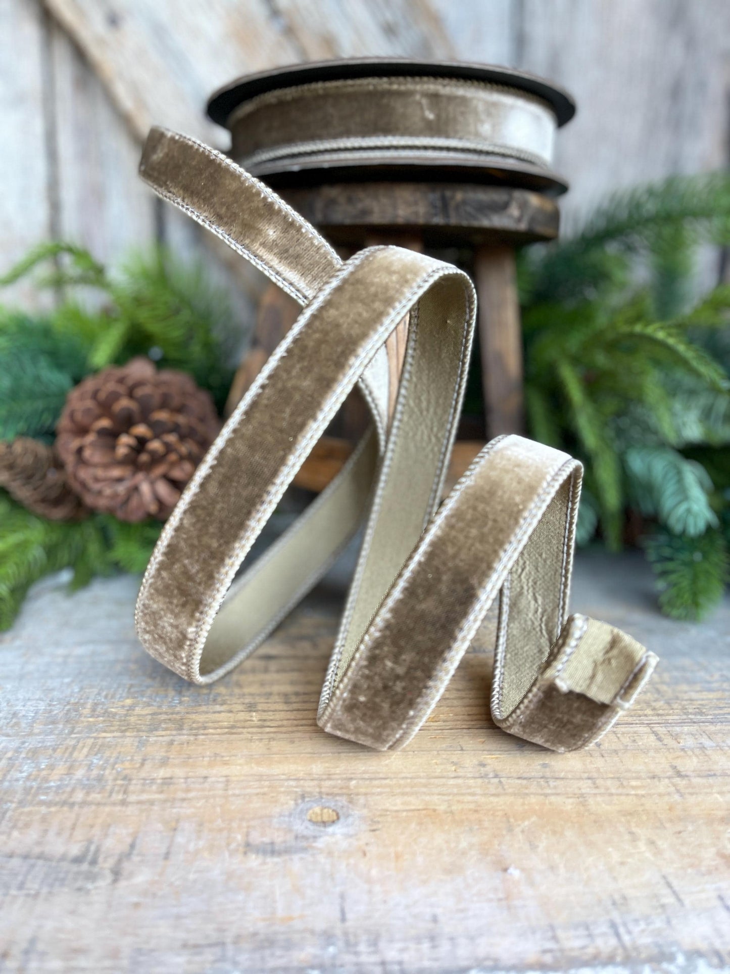 1” Mink Velvet Ribbon, Mocha Velvet ribbon, Christmas Ribbon, Wired Ribbon