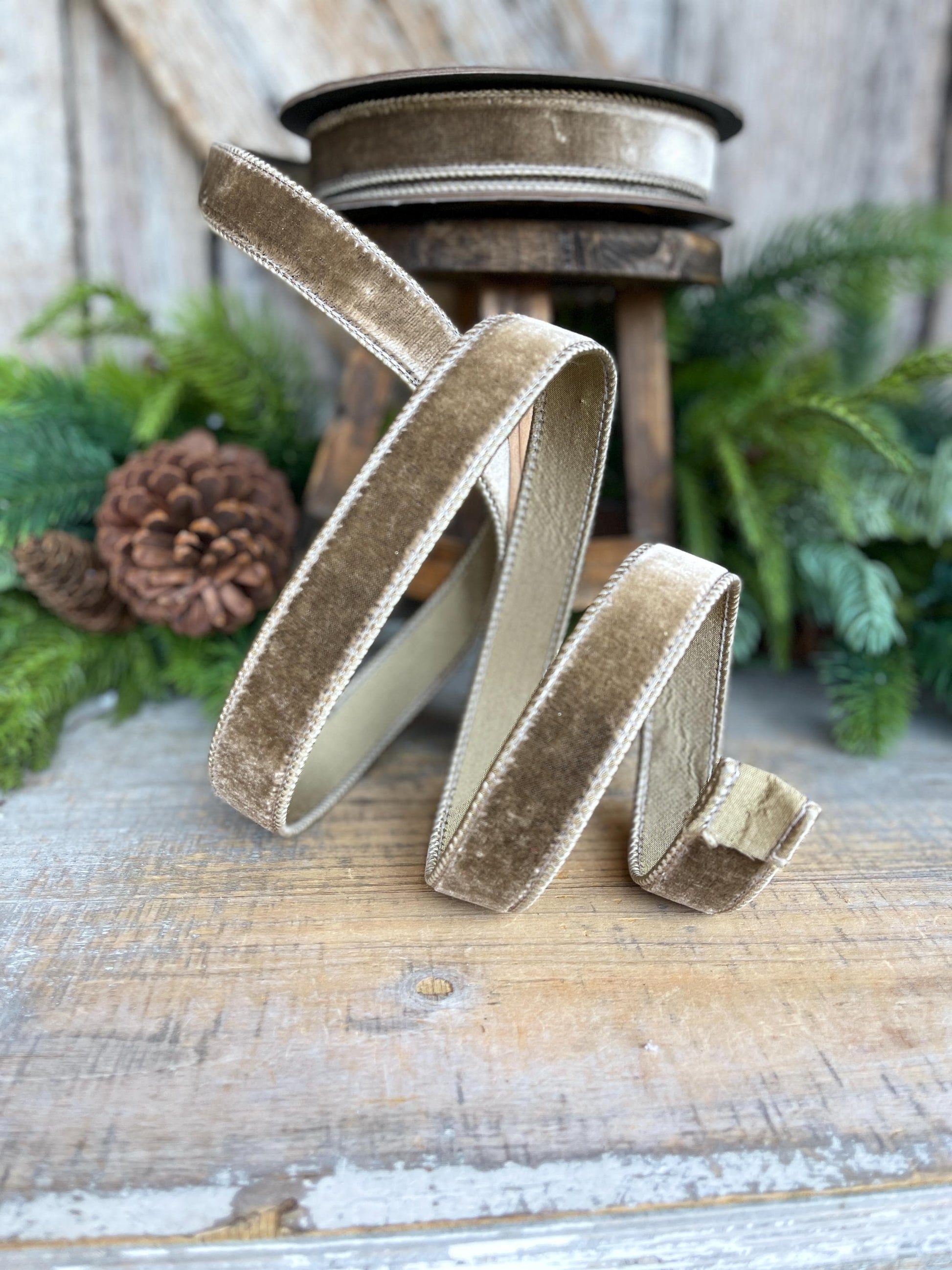 1” Mink Velvet Ribbon, Mocha Velvet ribbon, Christmas Ribbon, Wired Ribbon