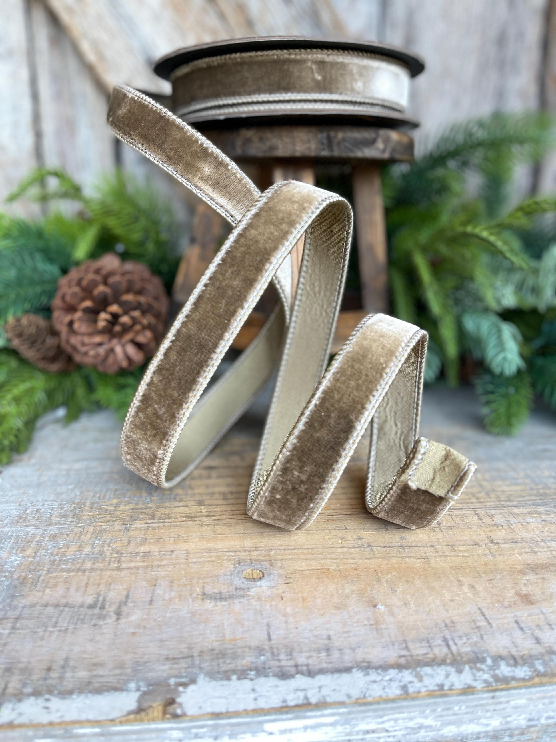 1” Mink Velvet Ribbon, Mocha Velvet ribbon, Christmas Ribbon, Wired Ribbon