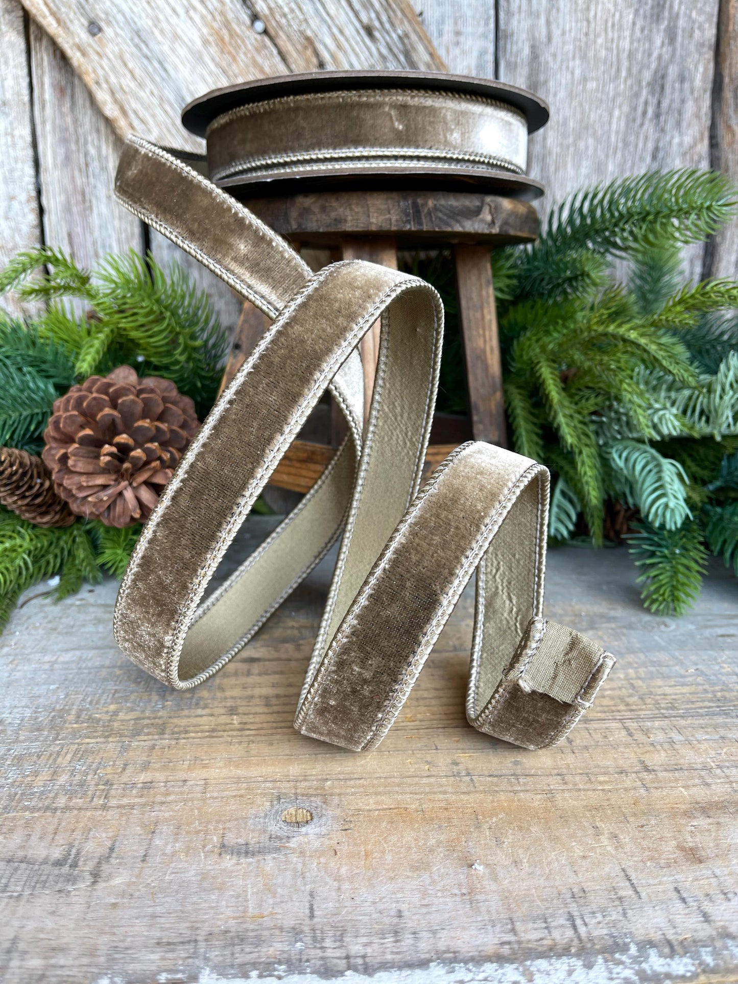 1” Mink Velvet Ribbon, Mocha Velvet ribbon, Christmas Ribbon, Wired Ribbon